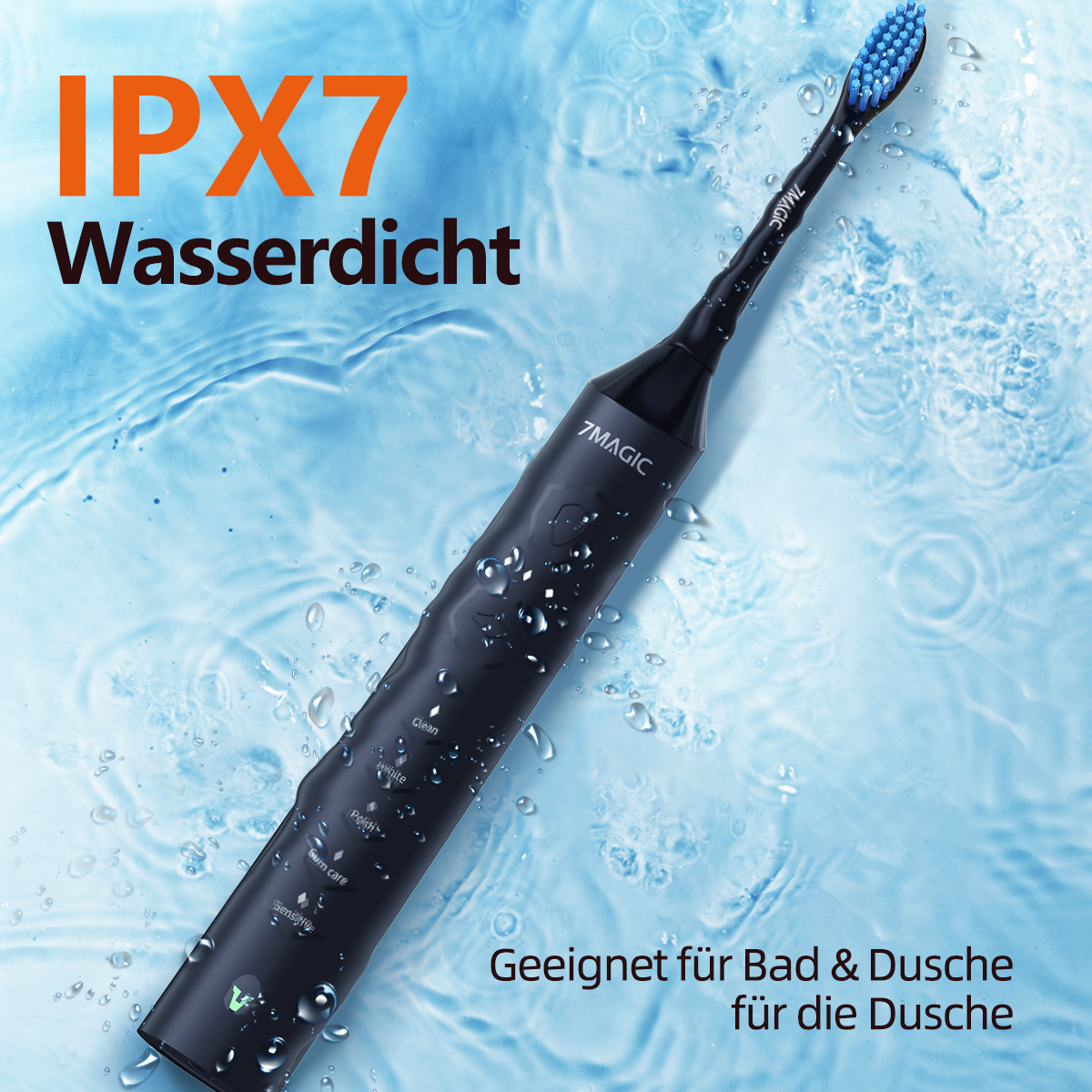 Schwarze elektrische Zahnbürste mit blauen Borsten und Wassertropfen auf der Oberfläche.