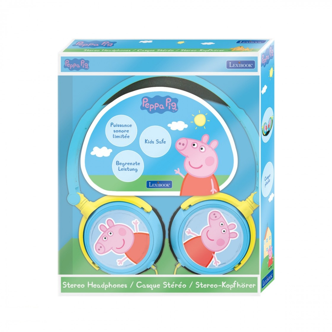 Una scatola di cuffie stereo Peppa Pig, con grafica di Peppa Pig, su sfondo bianco.