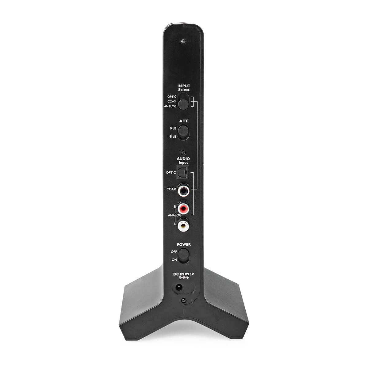 Receptor de audio negro con opciones de entrada y botones de encendido/apagado, de pie sobre una superficie blanca.