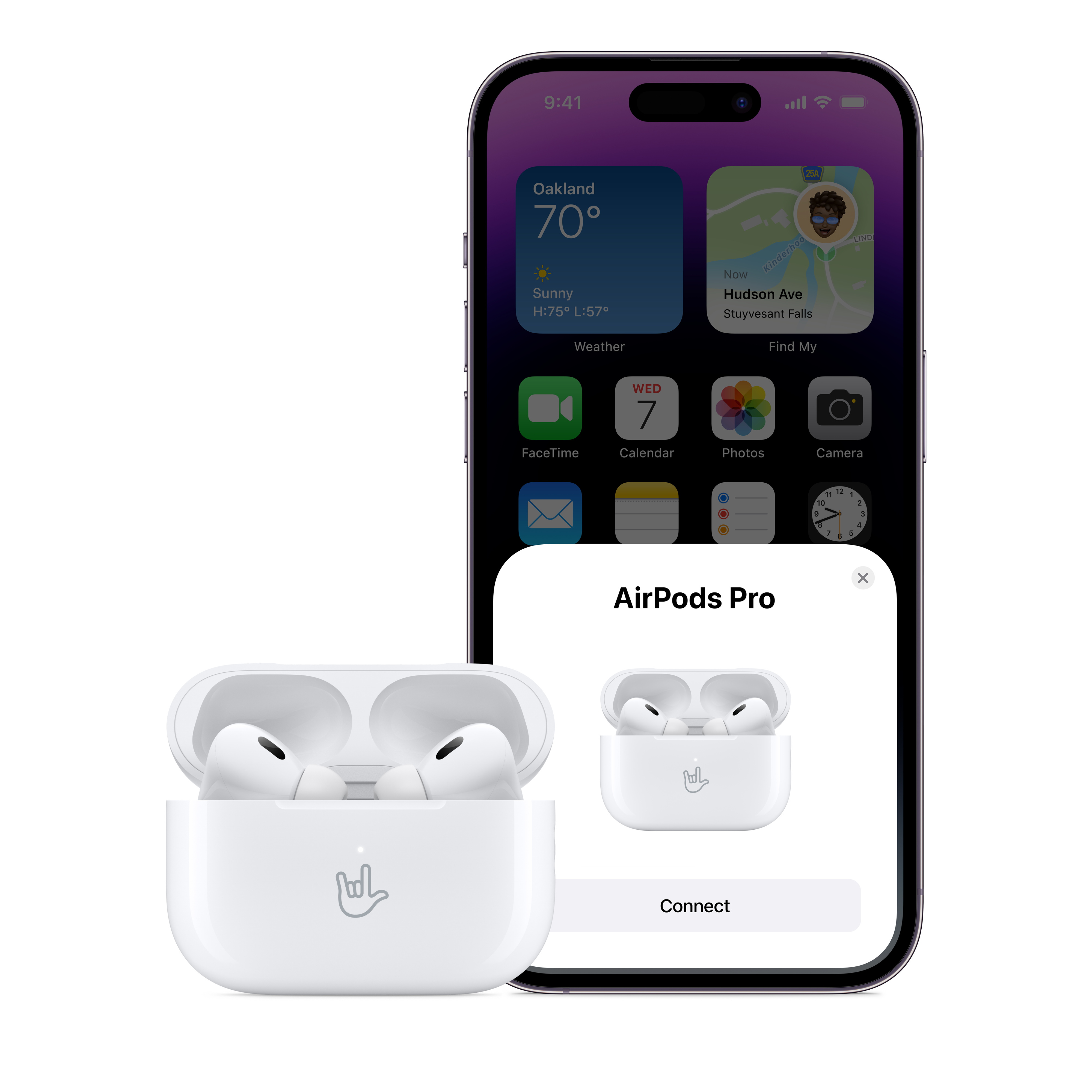 Un iPhone con AirPods Pro e un messaggio di connessione sullo schermo.