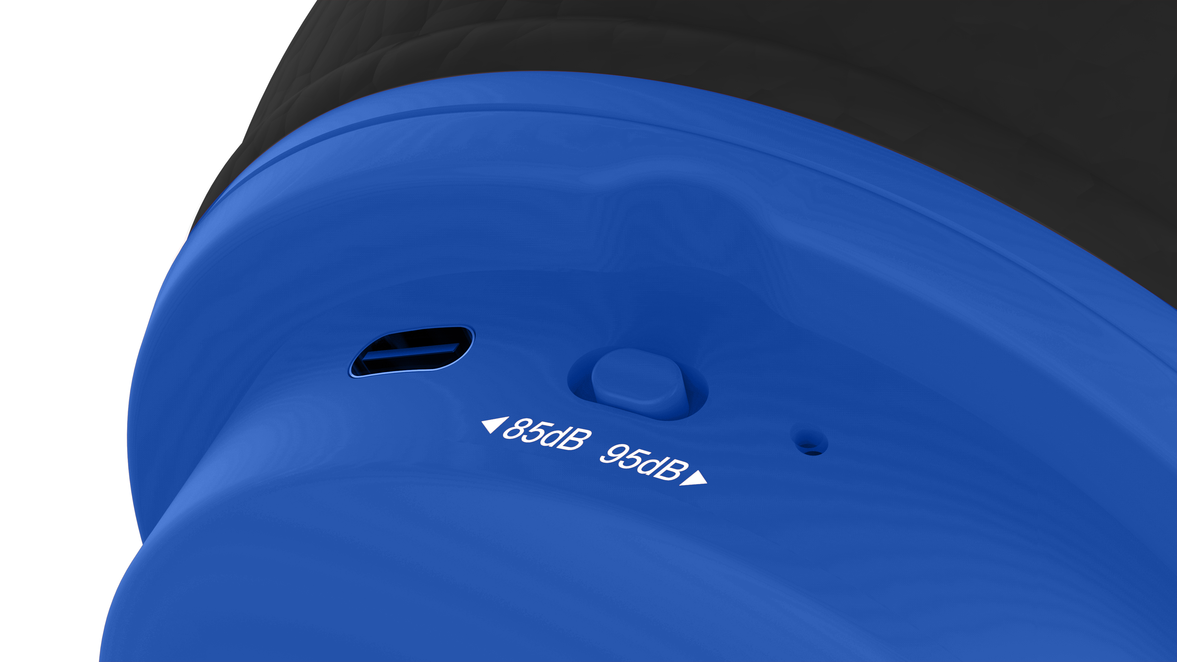 Niebieski zestaw słuchawkowy z portem USB i wskaźnikami poziomu głośności z boku.