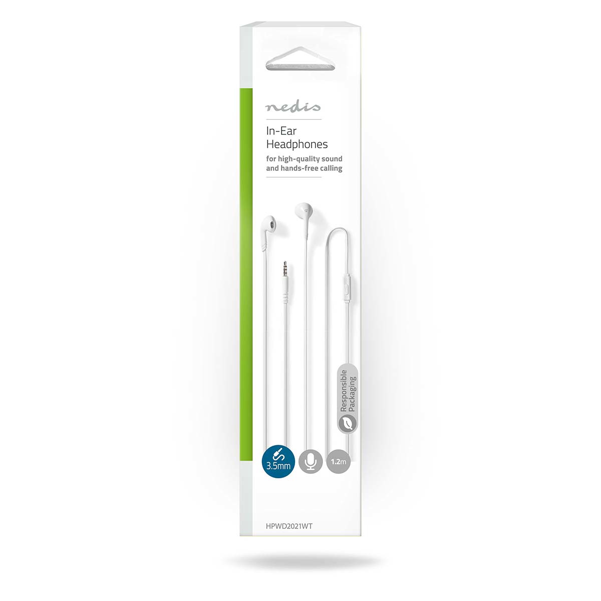 Weiße In-Ear-Kopfhörer in Verpackung. Die Verpackung zeigt einen 3,5-mm-Anschluss.