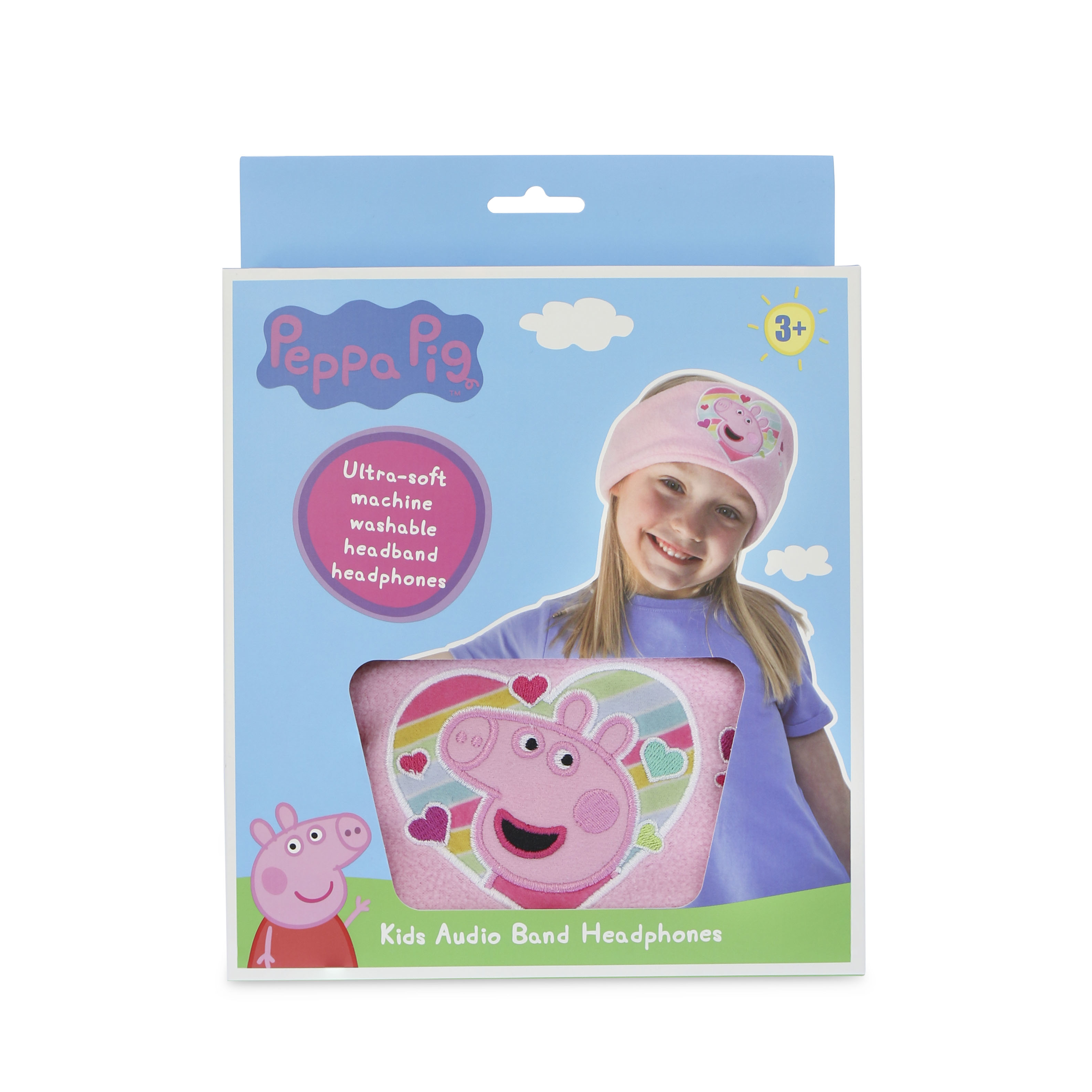 Boxed Peppa Pig-Kopfhörer für Kinder. Ein Mädchen lächelt. Rosa Stirnband und ein Peppa Pig-Design.