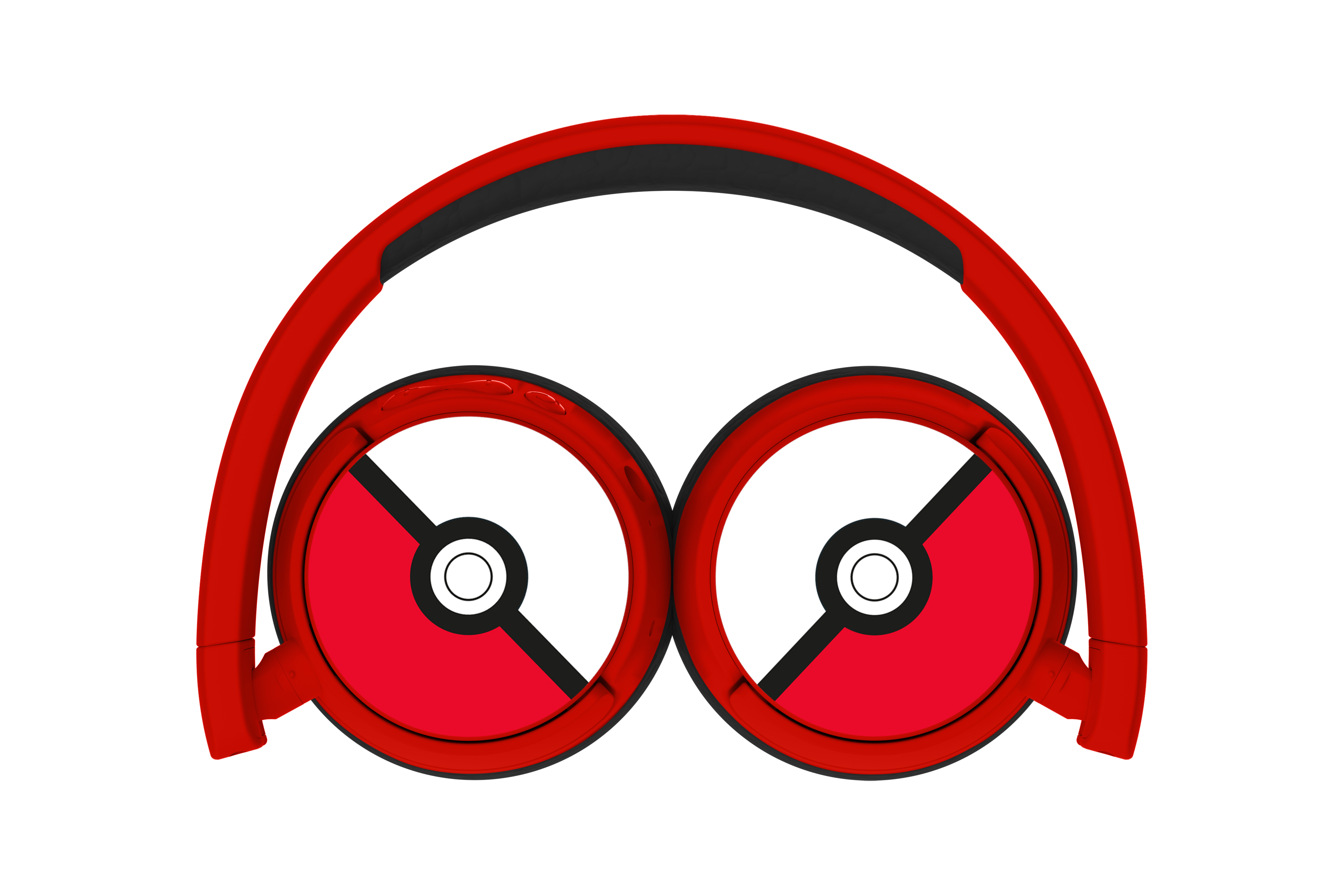Czerwone słuchawki z białymi i czerwonymi nausznikami w kształcie Pokeballi, na białym tle.