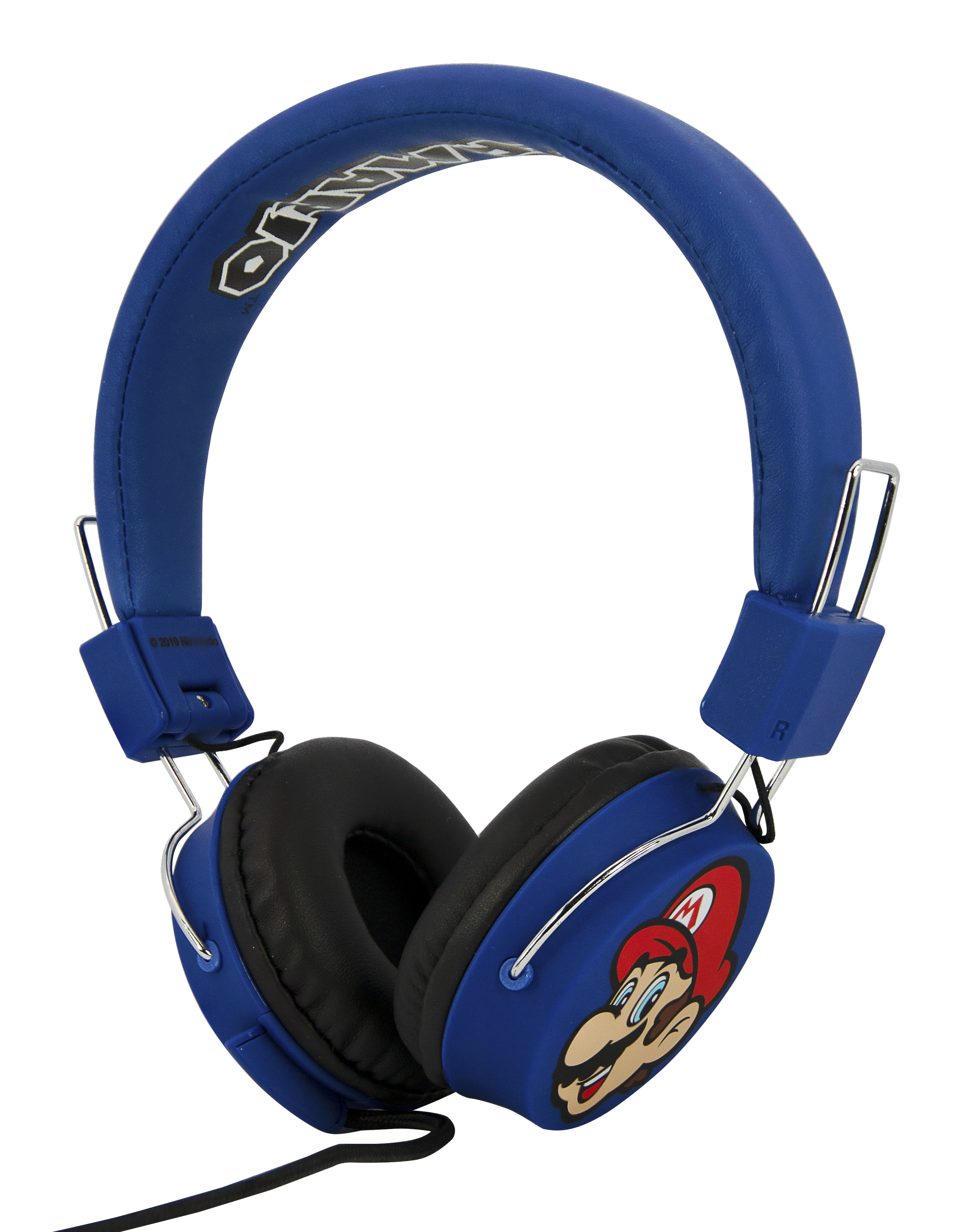 Niebieskie słuchawki z grafiką Mario na nauszniku. Pałąk posiada napis 'Mario'.