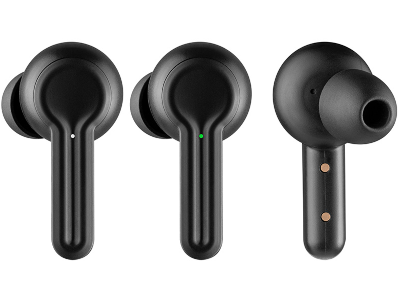 Tre auricolari neri, ciascuno che mostra un angolo diverso. Il design appare moderno ed elegante con forme arrotondate.