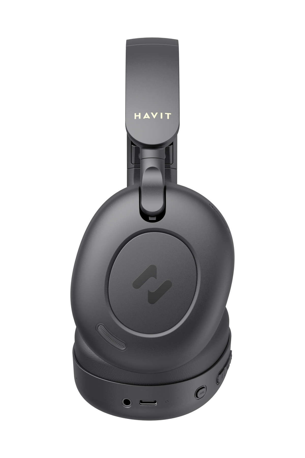 Ciemnoszare słuchawki HAVIT z nazwą marki na pałąku.