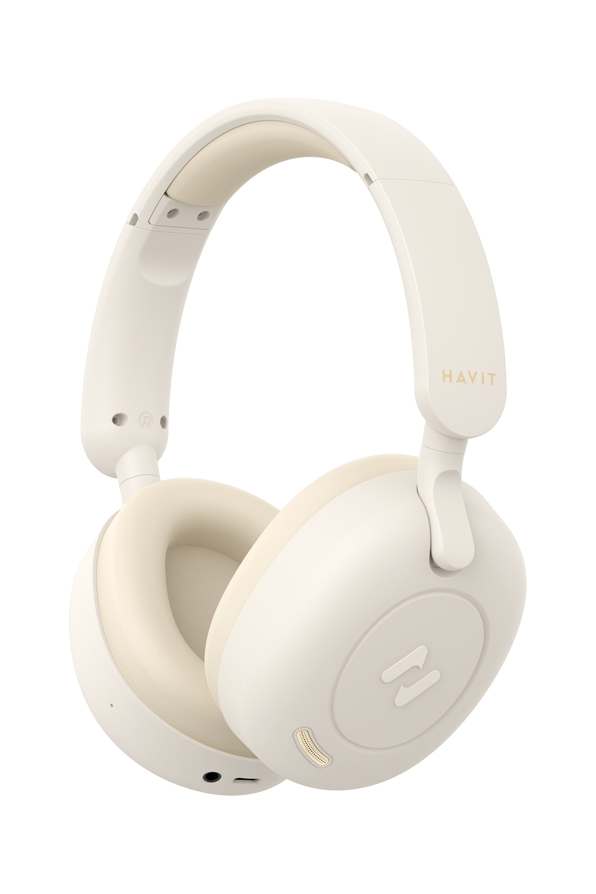 Słuchawki w kolorze złamanej bieli z zakrzywionym pałąkiem i nausznikami, na białym tle.
