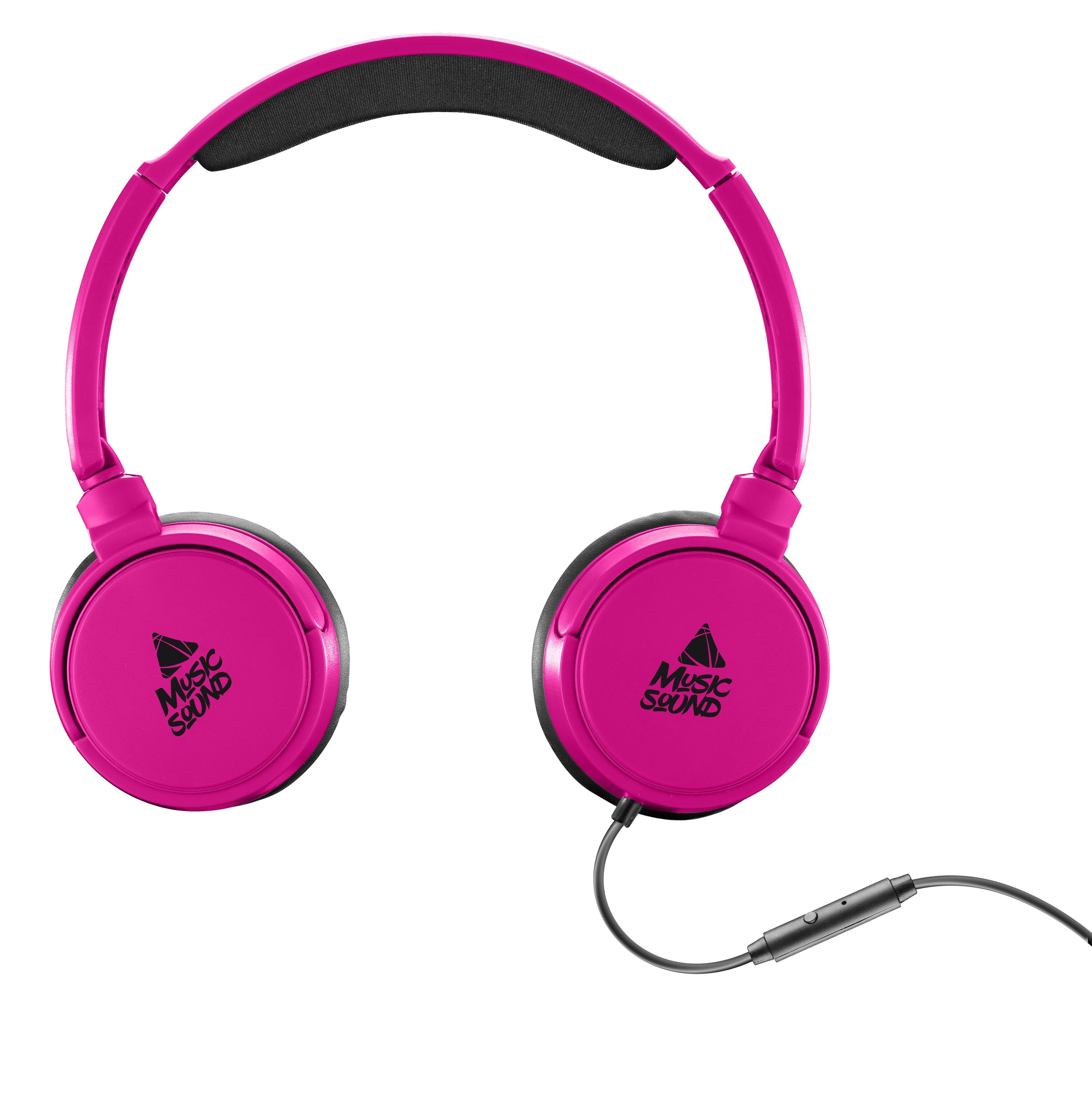 Pinkfarbene Music Sound Kopfhörer mit schwarzem Kabel und Bedienfeld.