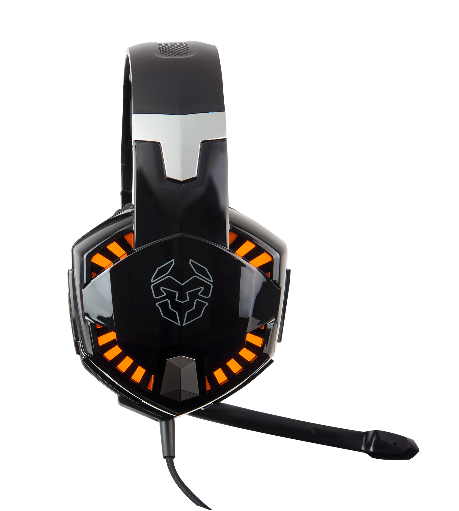 Auriculares para juegos, negro y plateado, con luces naranjas y un micrófono.
