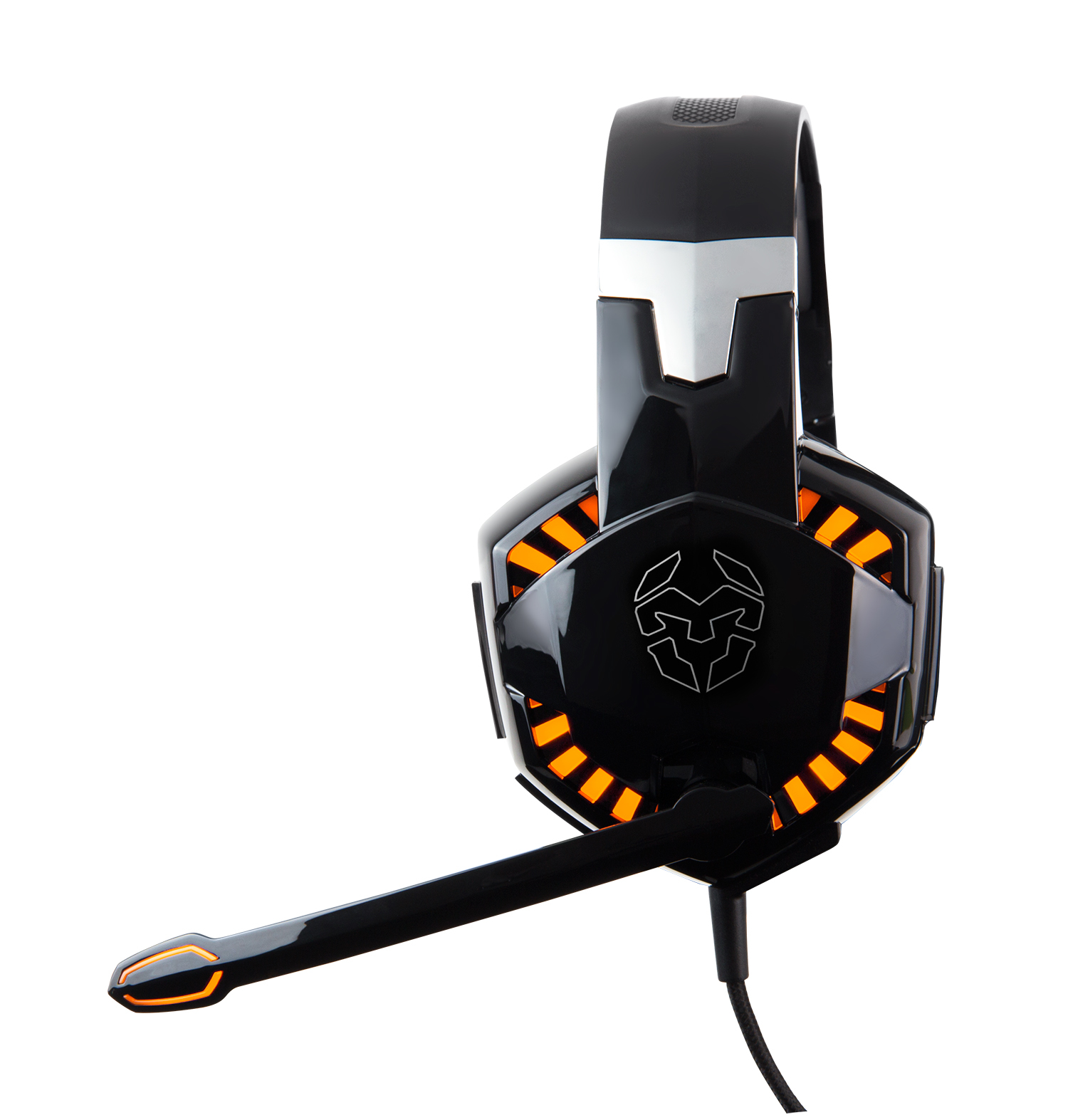 Auriculares gaming negros y naranjas con micrófono. El auricular tiene un logotipo en el lateral.