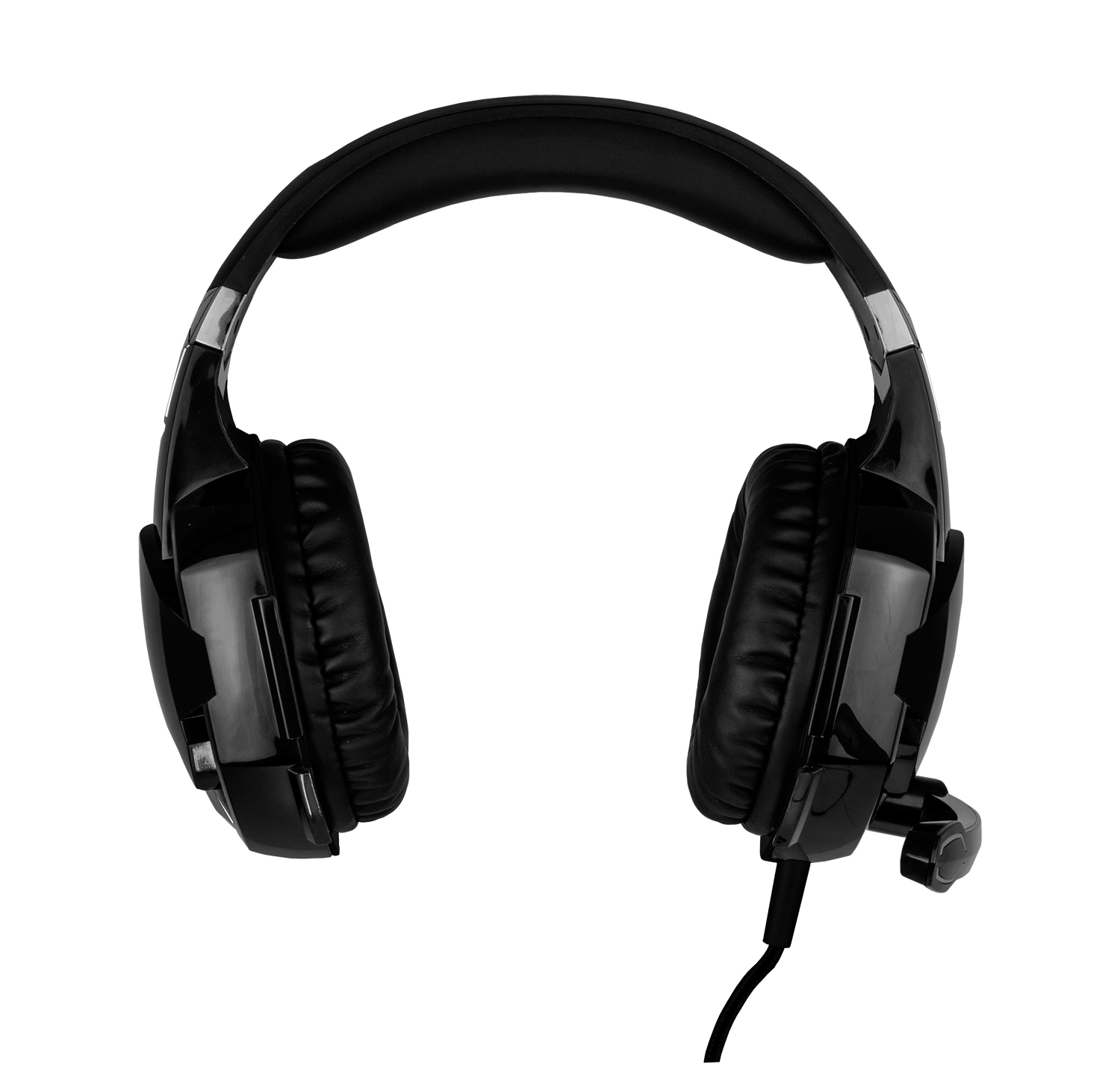 Auriculares gaming negros con micrófono sobre un fondo blanco.