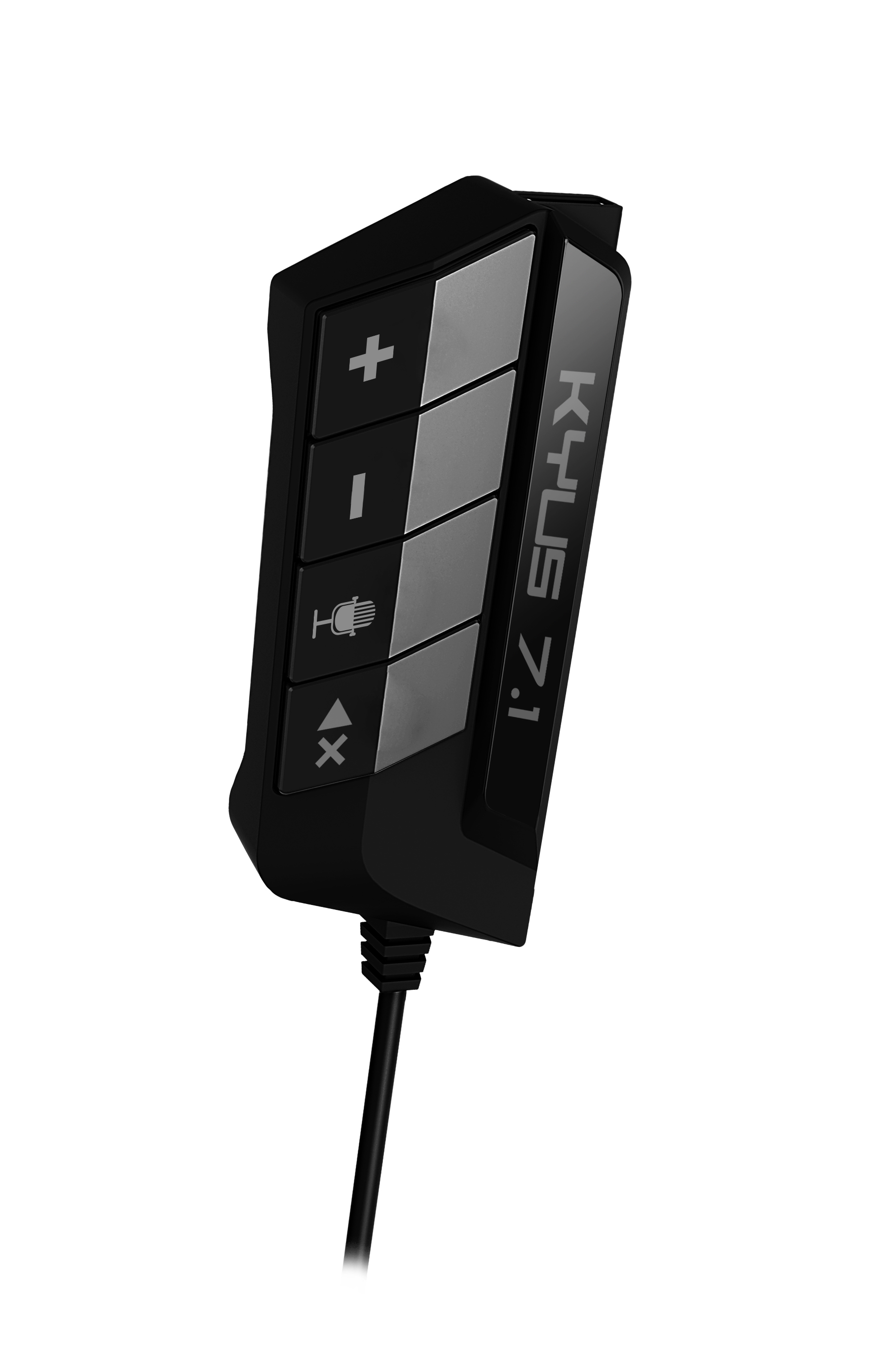 Un panel de control negro con botones y marcas, sobre fondo blanco.