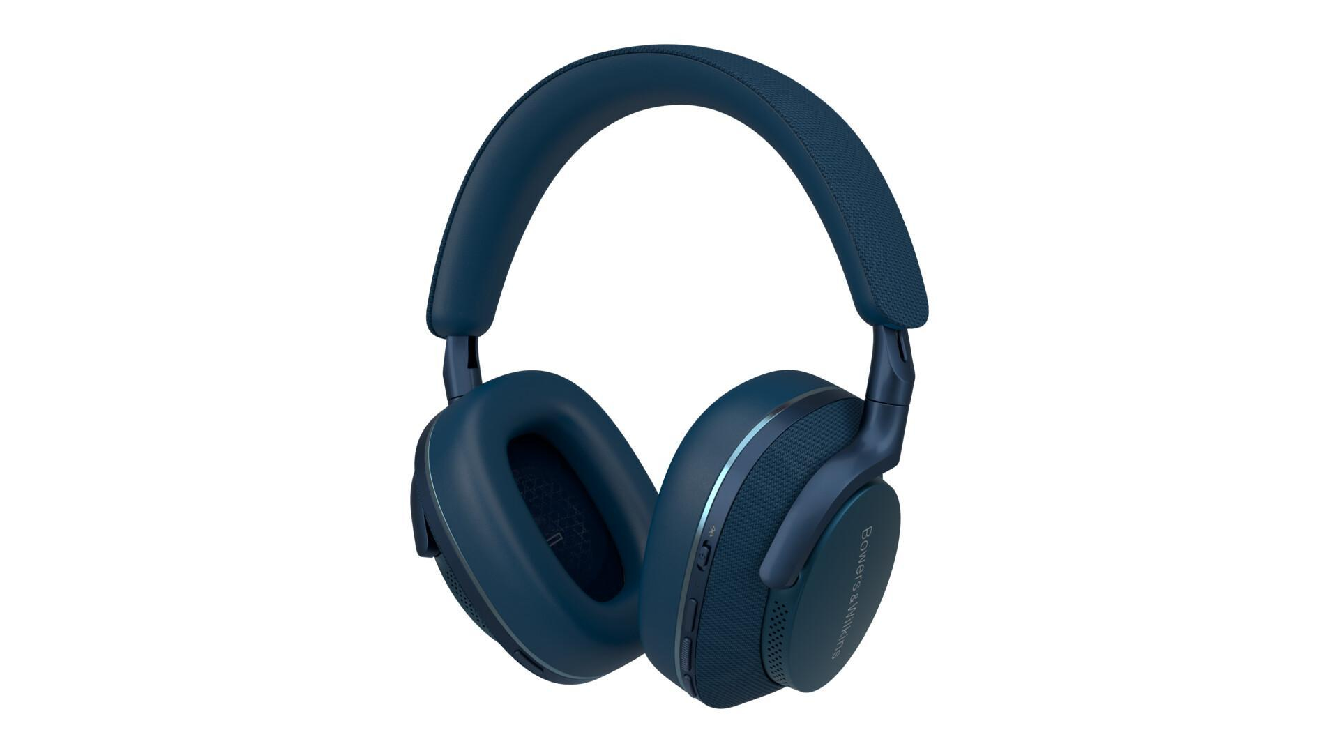 Dunkelblaue Kopfhörer auf weißem Hintergrund. Sie sind Over-Ear-Stil.