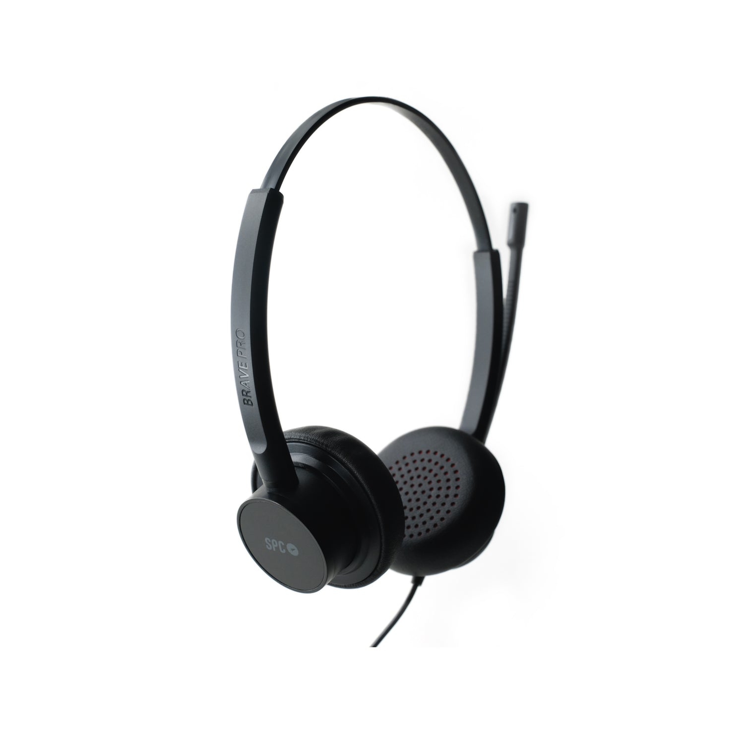 Auriculares negros sobre la oreja con micrófono. Los auriculares están sobre un fondo blanco.