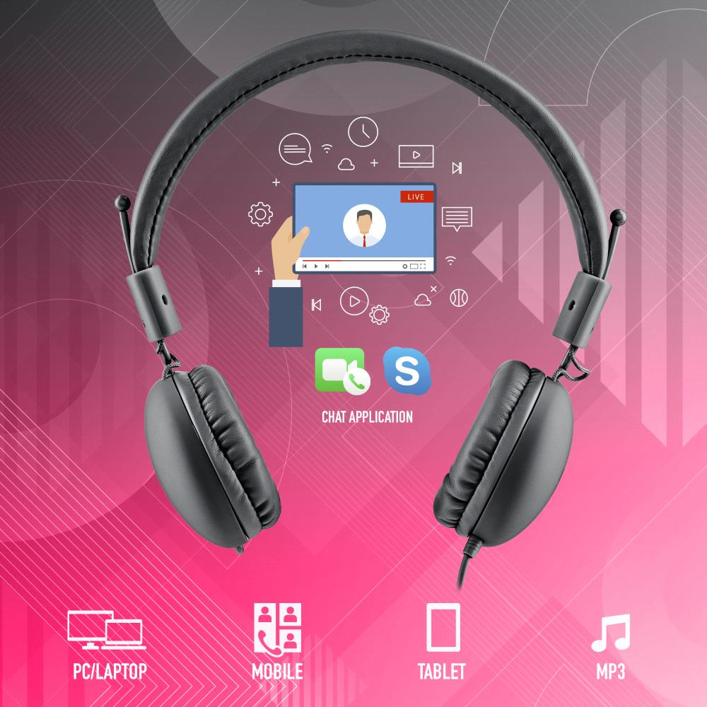 Schwarze Kopfhörer vor einem rosafarbenen Hintergrund mit App-Symbolen. Symbole beziehen sich auf Streaming, Chat und Geräte.
