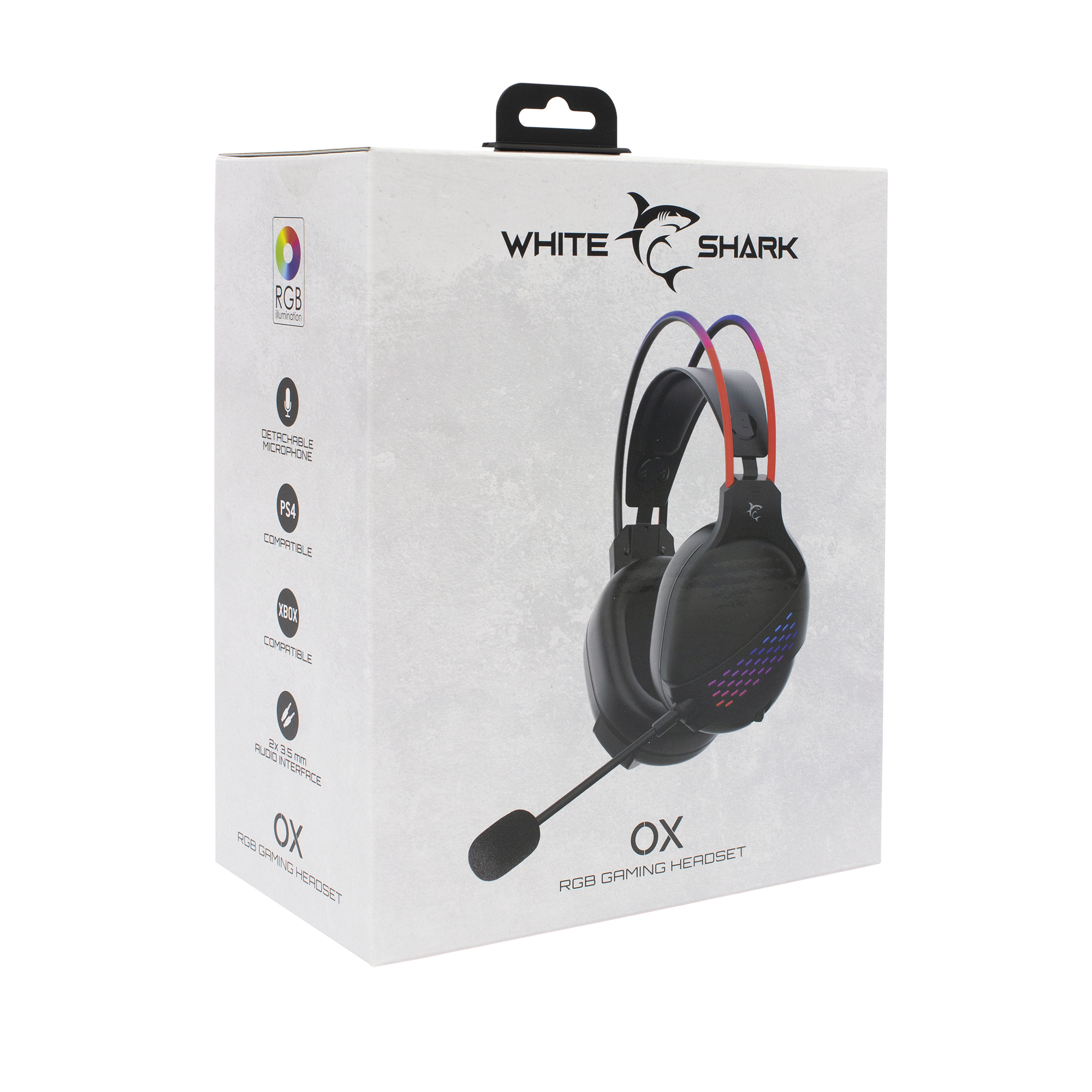 Scatola per cuffie da gioco White Shark. Cuffie con luci RGB visibili. Include icone delle funzioni.