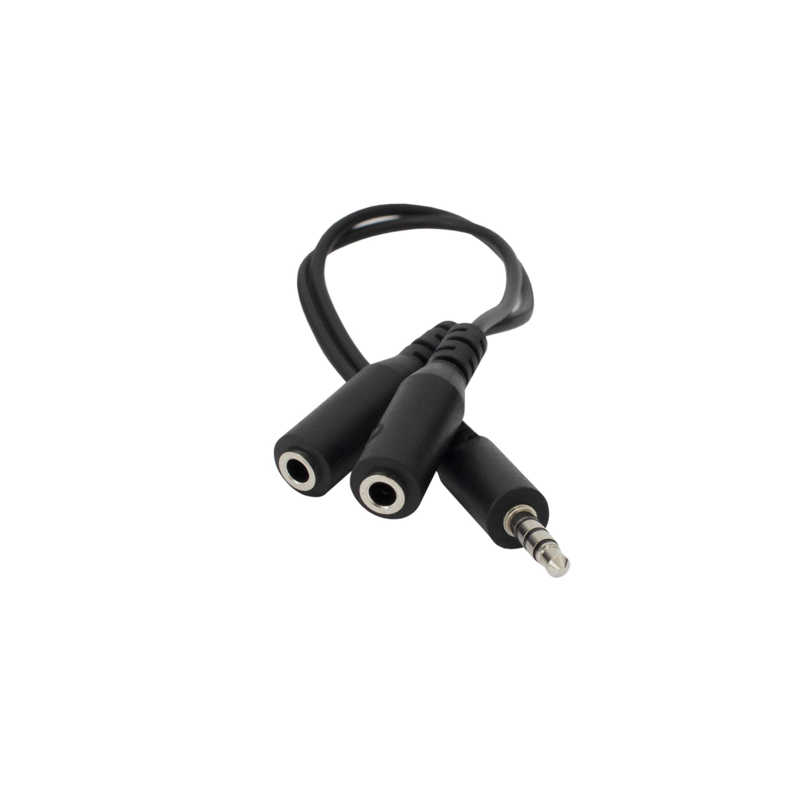 Un cavo splitter audio nero con due connettori femmina e un connettore maschio.