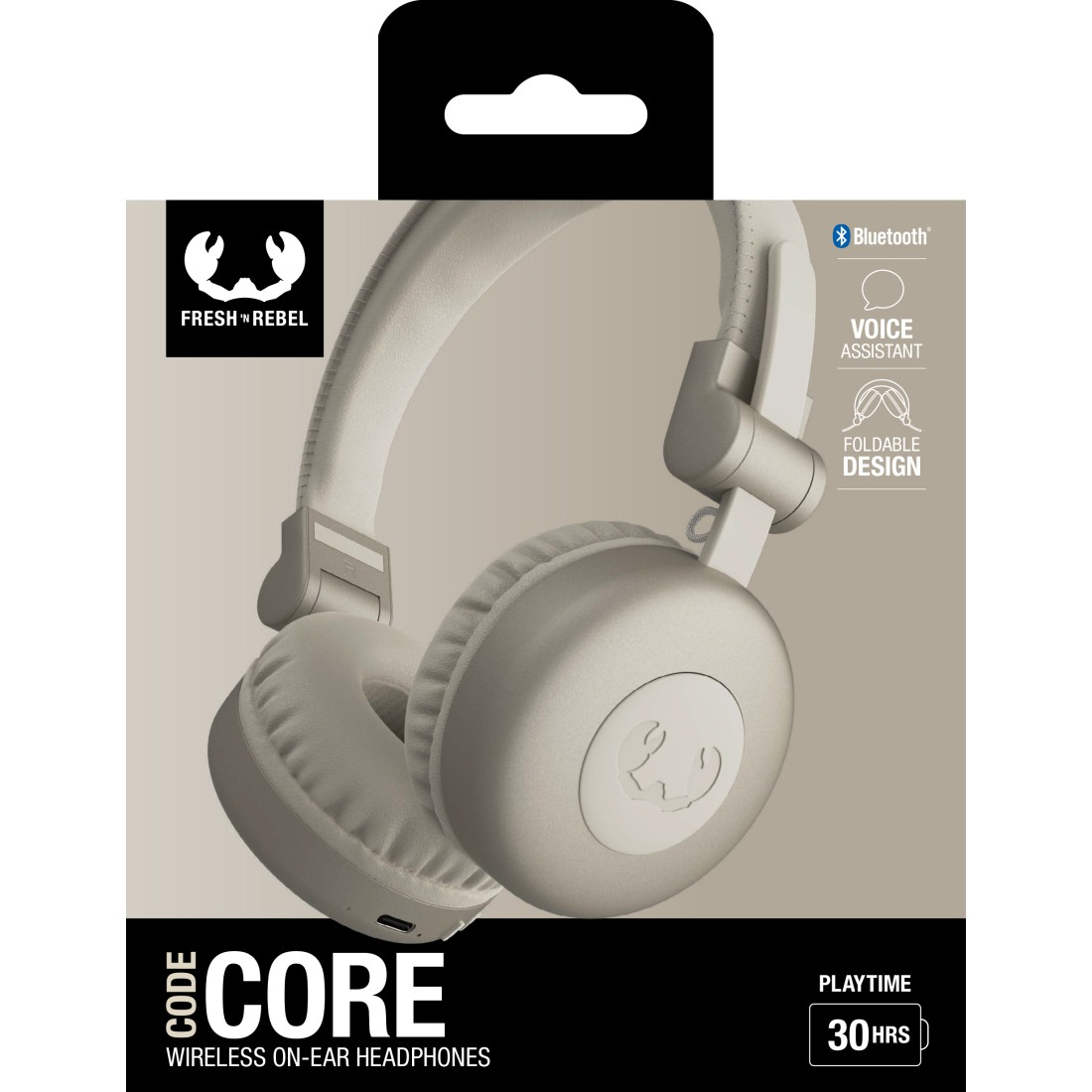 Fresh 'n Rebel Core kabellose Kopfhörer, verpackt, mit hervorgehobenen Funktionen.