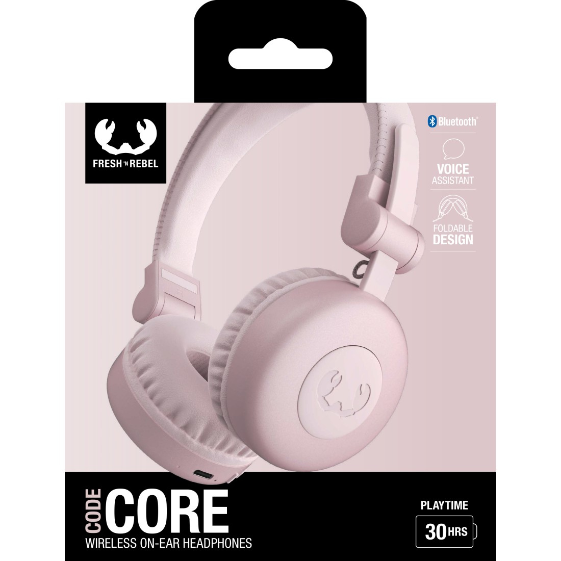 Roze Fresh Rebel koptelefoon met een doos die het product en de functies toont.