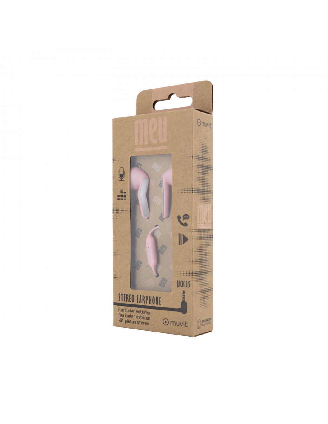 Auricolari rosa in una scatola di cartone. La scatola ha un design rosa e bianco. Sfondo bianco.
