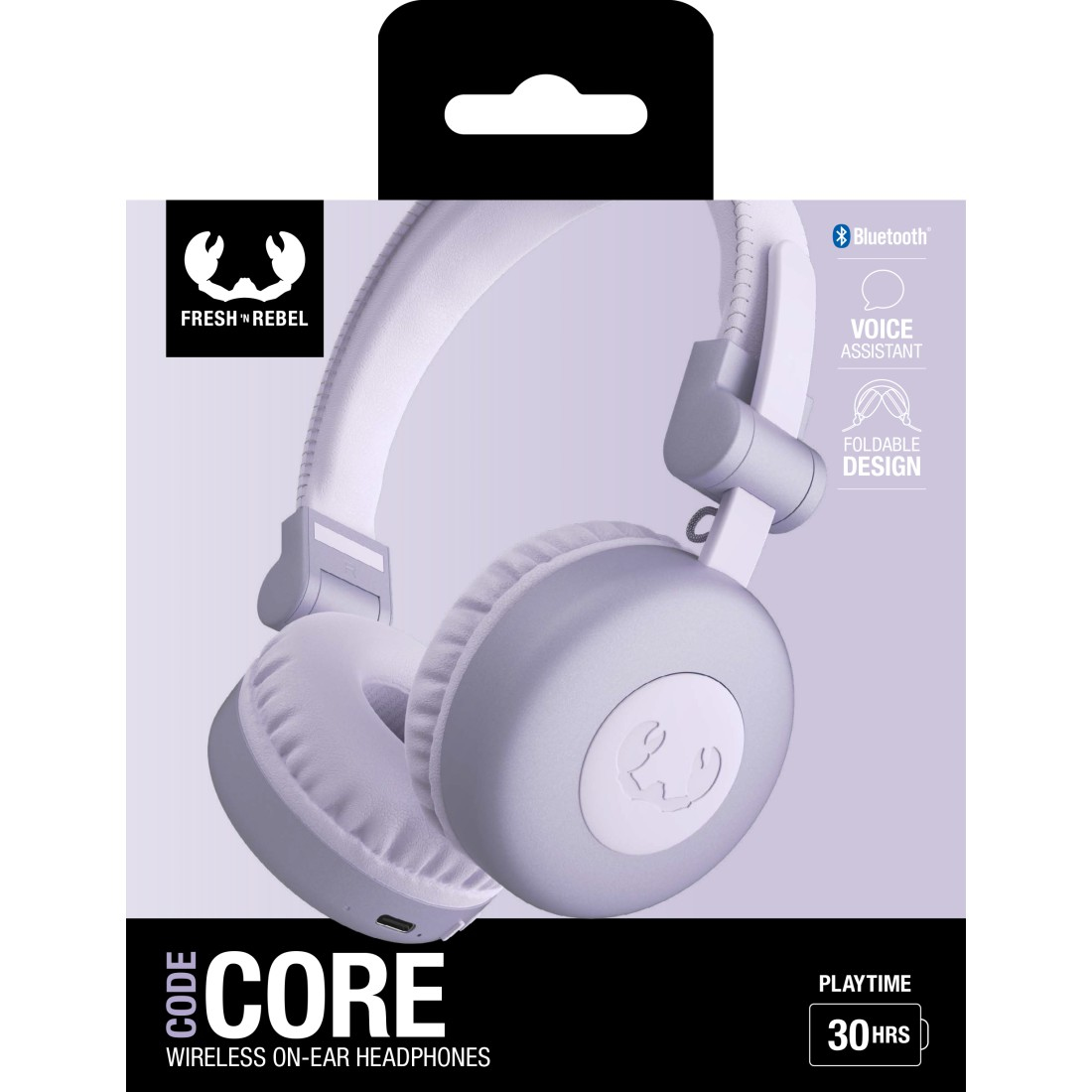 Eine Schachtel mit Fresh 'n Rebel Code Core kabellosen On-Ear-Kopfhörern. Die Kopfhörer sind hellgrau.