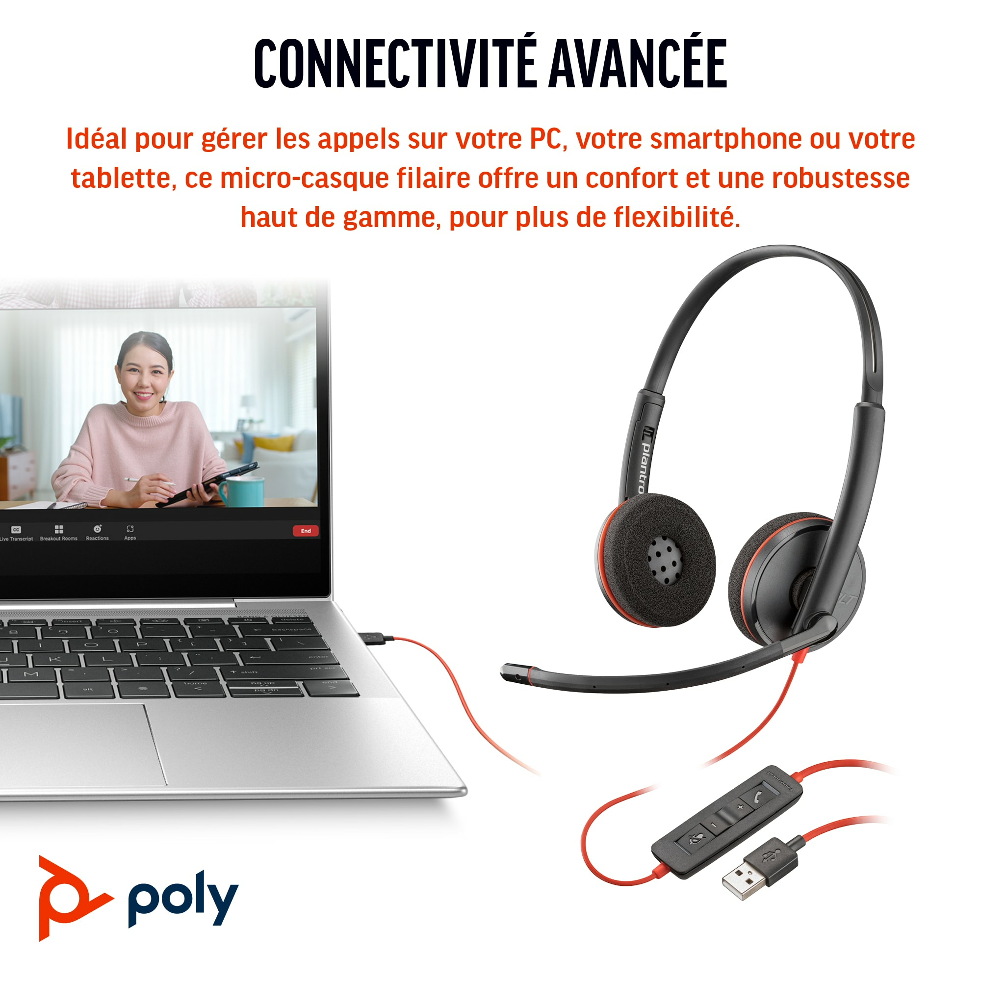 Cuffie collegate a un laptop. Il laptop mostra una videochiamata. Testo in francese.