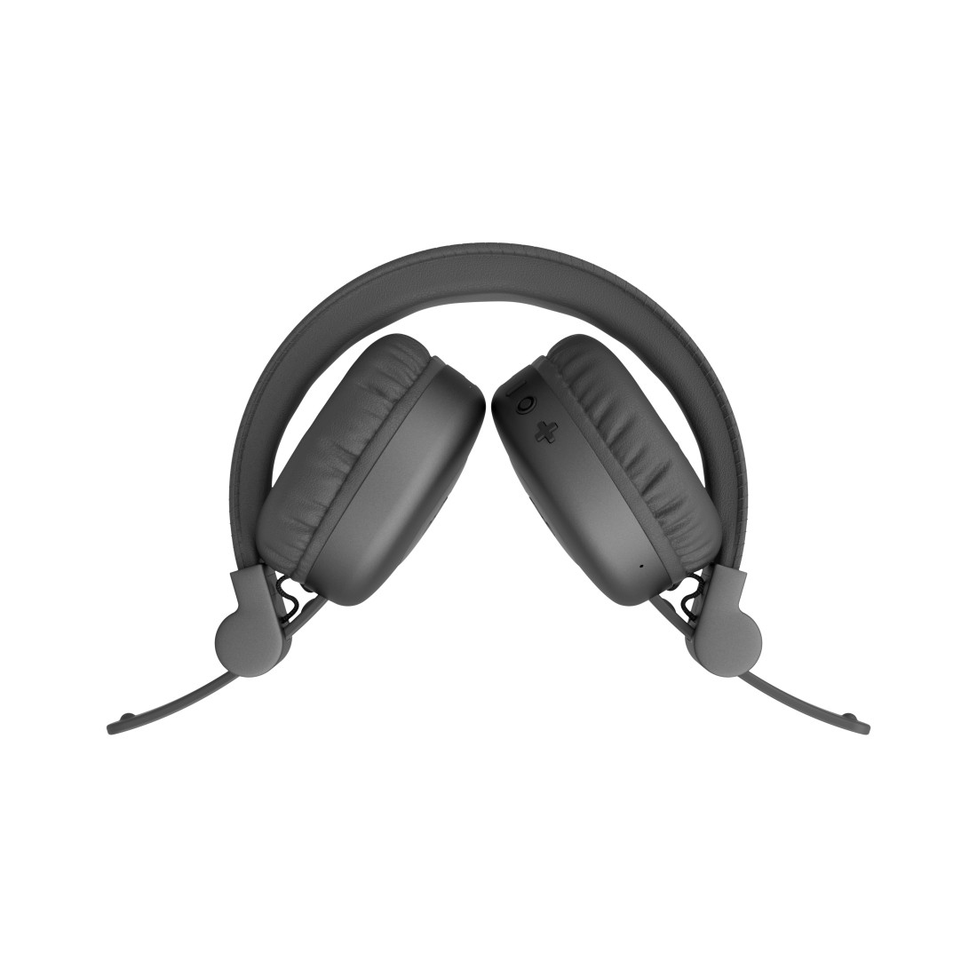Paar schwarze Over-Ear-Kopfhörer mit gebogenem Kopfbügel und einfachem Design, nach oben gerichtet.