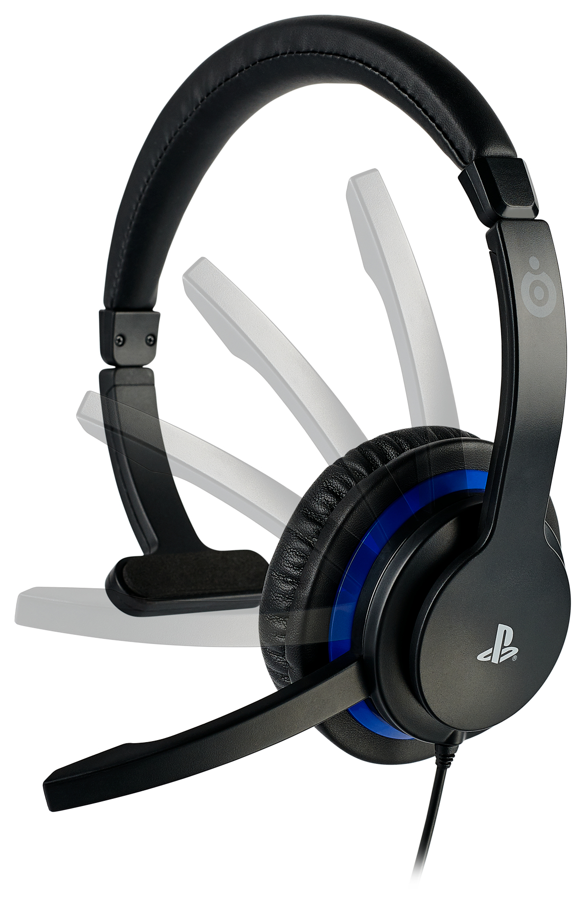 Schwarzes Headset mit gebogenem Mikrofon und PlayStation-Logo.