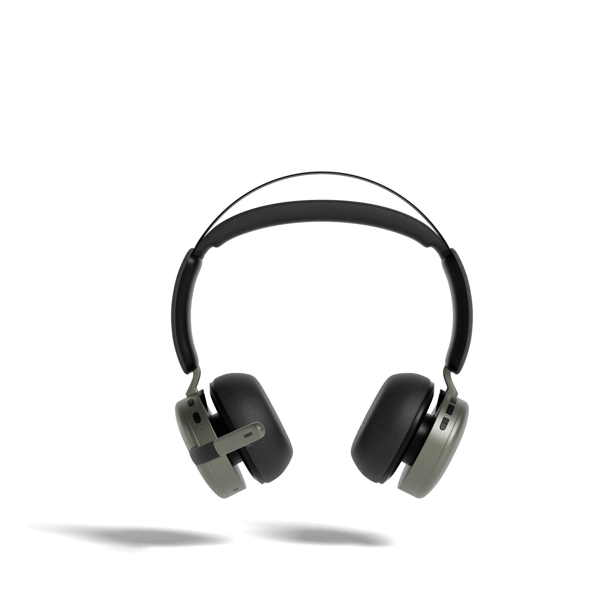 Cuffie over-ear, nere e grigie, su sfondo bianco.