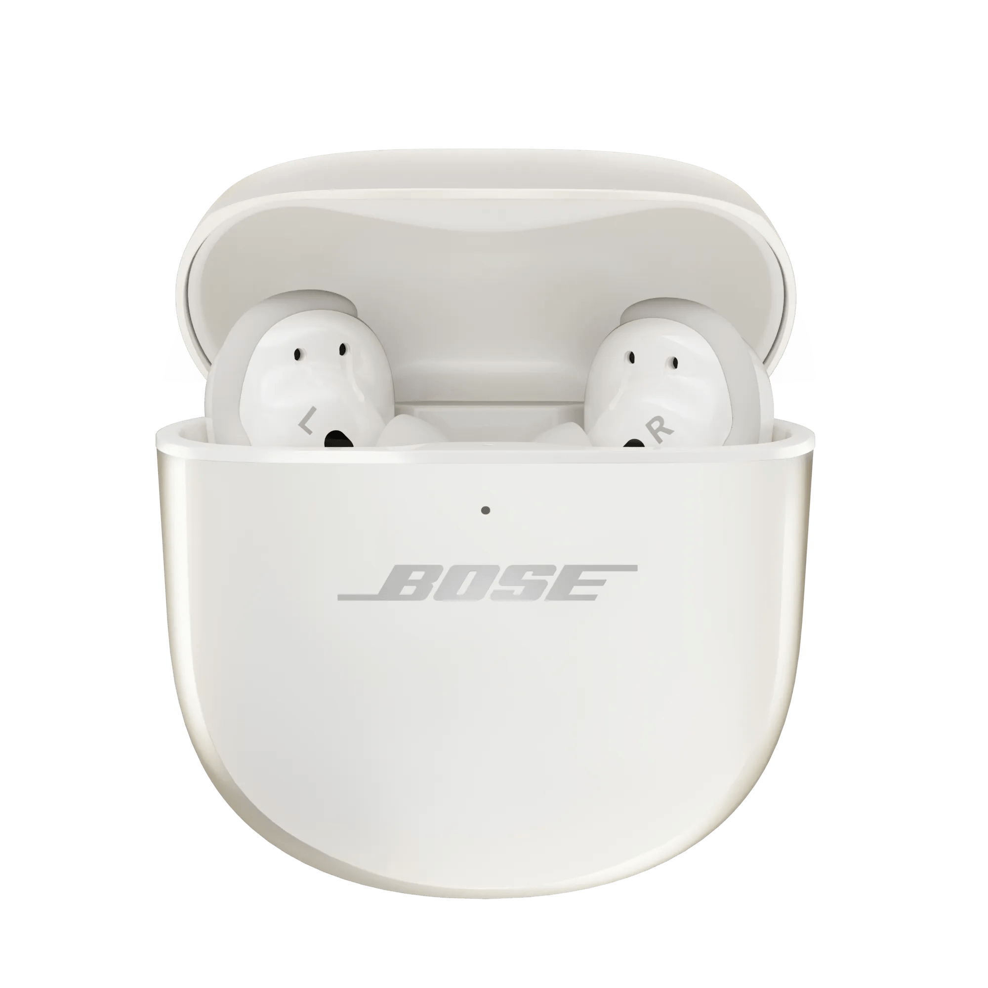 Białe słuchawki douszne w białym etui ładującym. Widoczne logo BOSE.