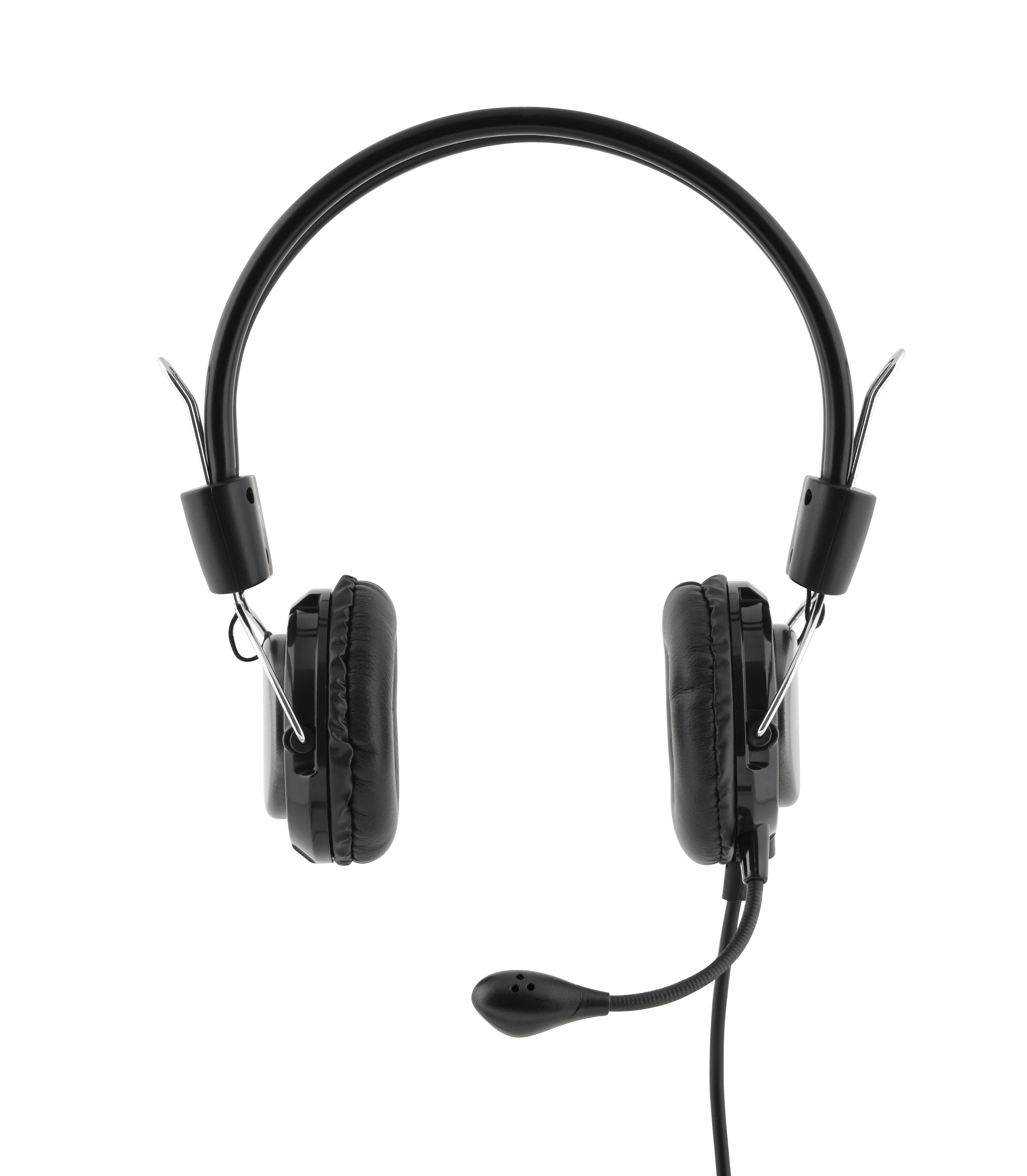Auriculares negros con micrófono. Los auriculares están sobre un fondo blanco.