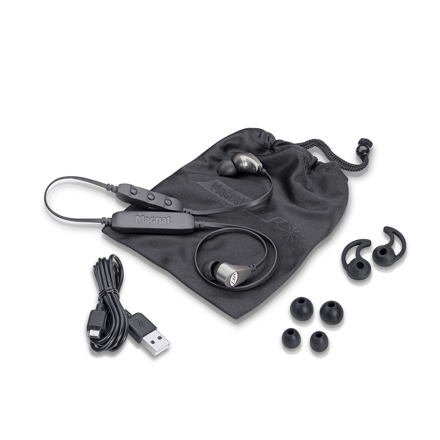 Black Magnat headphones, charging cable, ear tips, and a carrying bag on a white background.