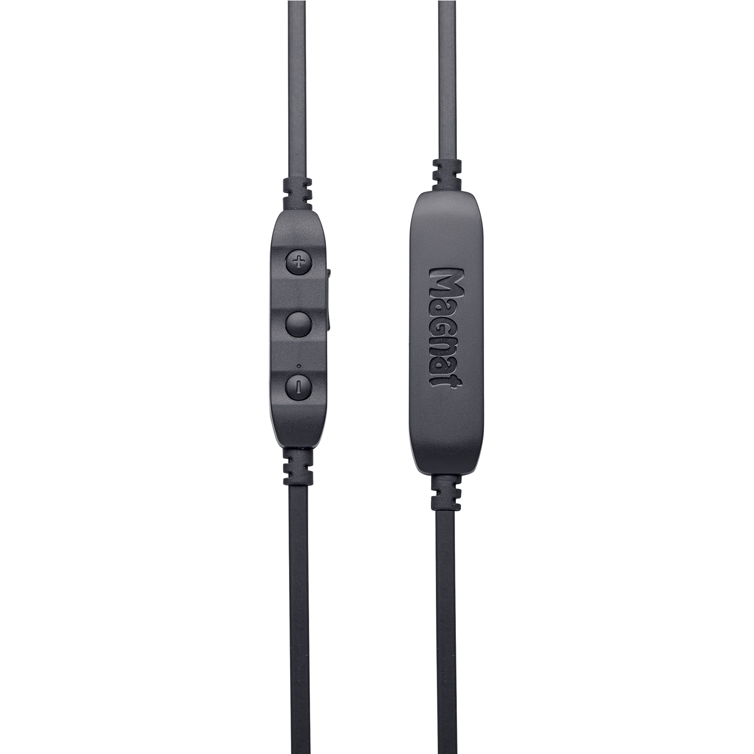 Black in-ear headphones with a control panel with buttons and the Magnat logo.