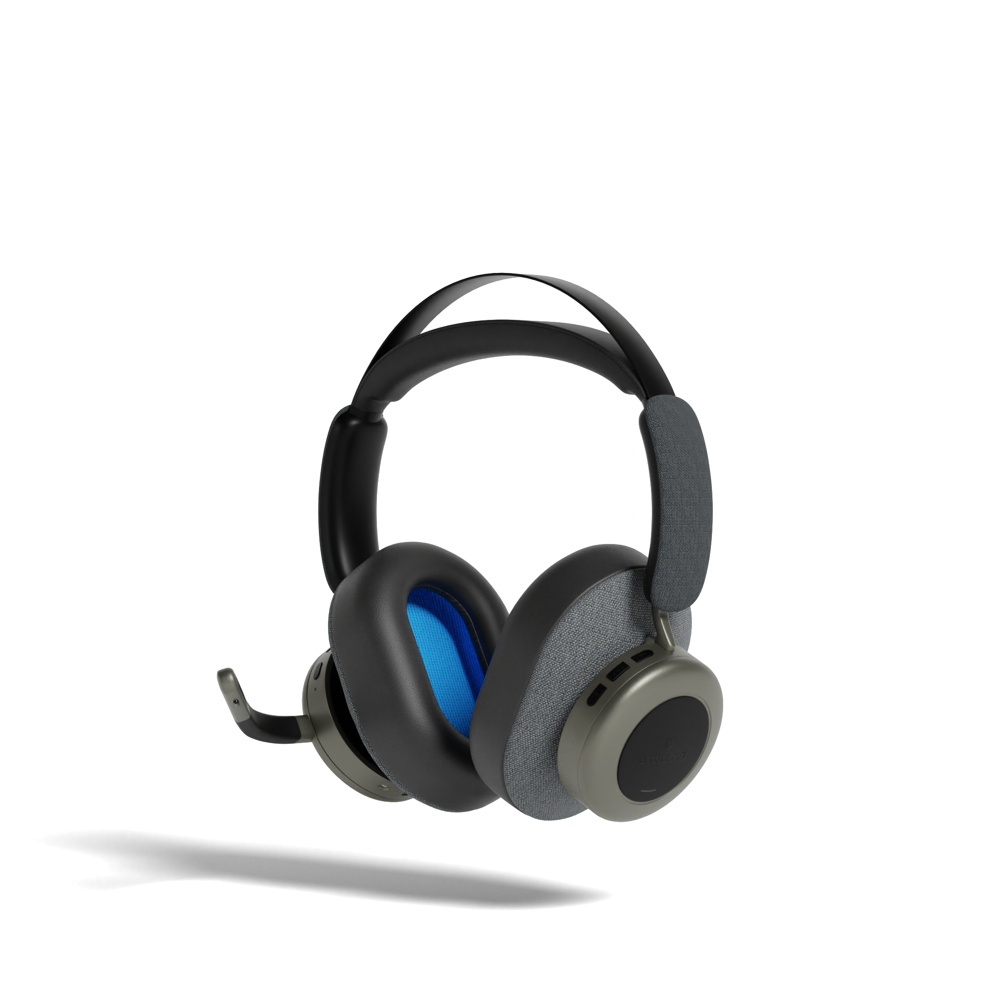 Ein graues und schwarzes Headset mit Mikrofon und blauen Ohrpolstern, isoliert.
