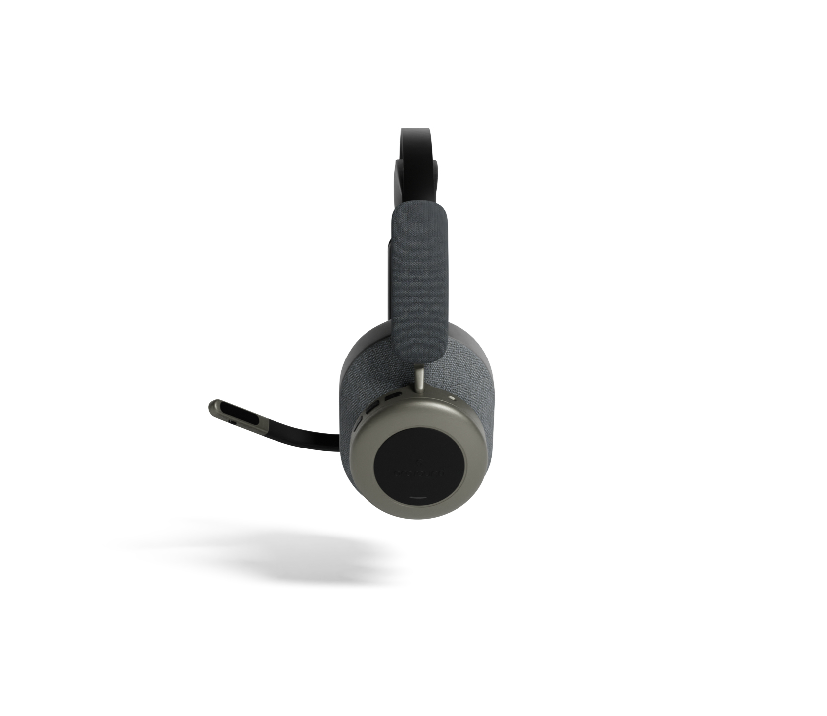 Headset von der Seite, grau und schwarz mit Mikrofon.