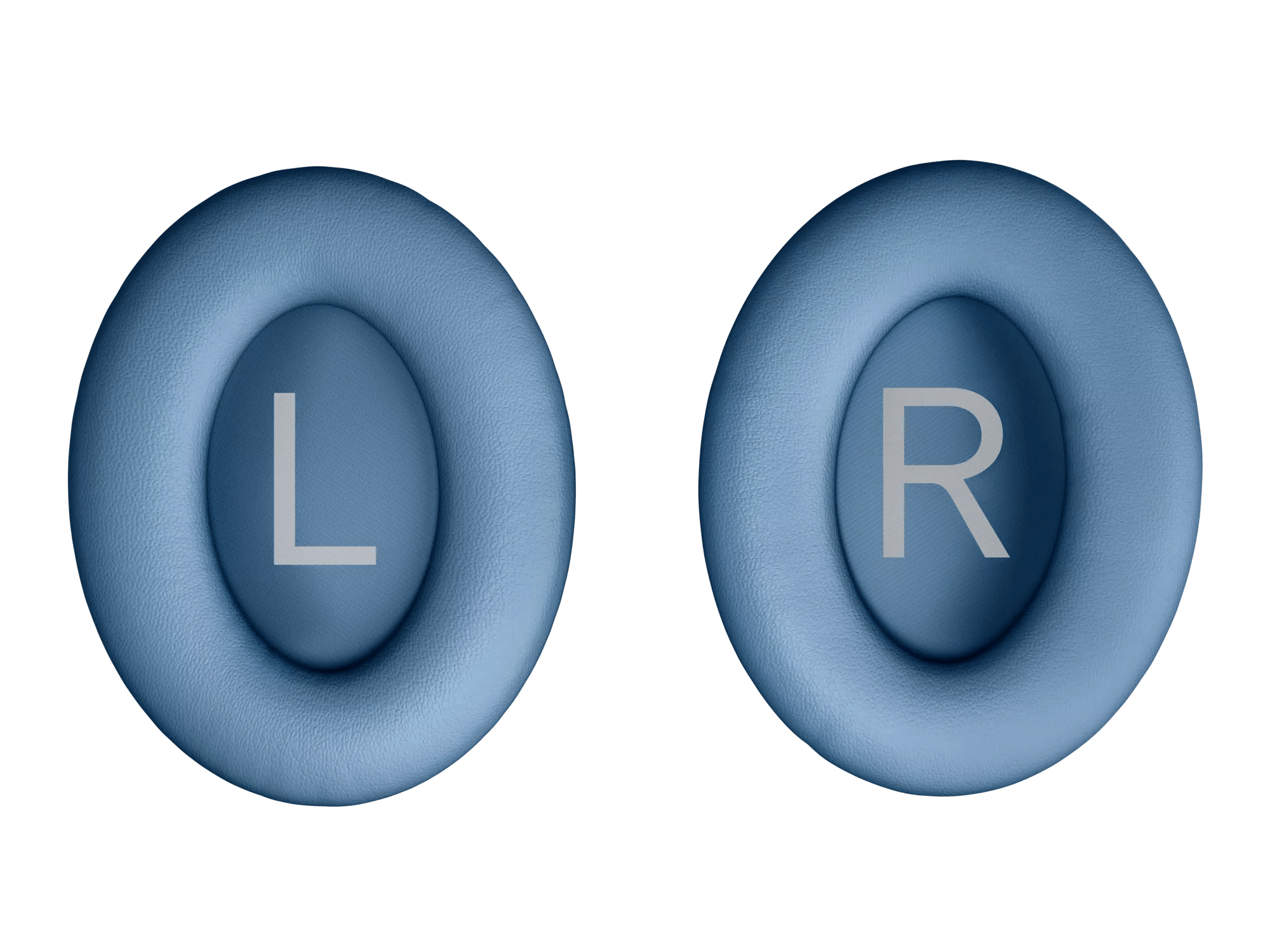 Niebieskie nauszniki z literami L i R dla lewej i prawej strony, na białym tle.