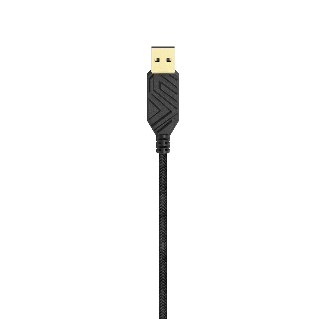 Schwarzes USB-Kabel mit schwarzem Stecker. Der Stecker hat ein strukturiertes Design.