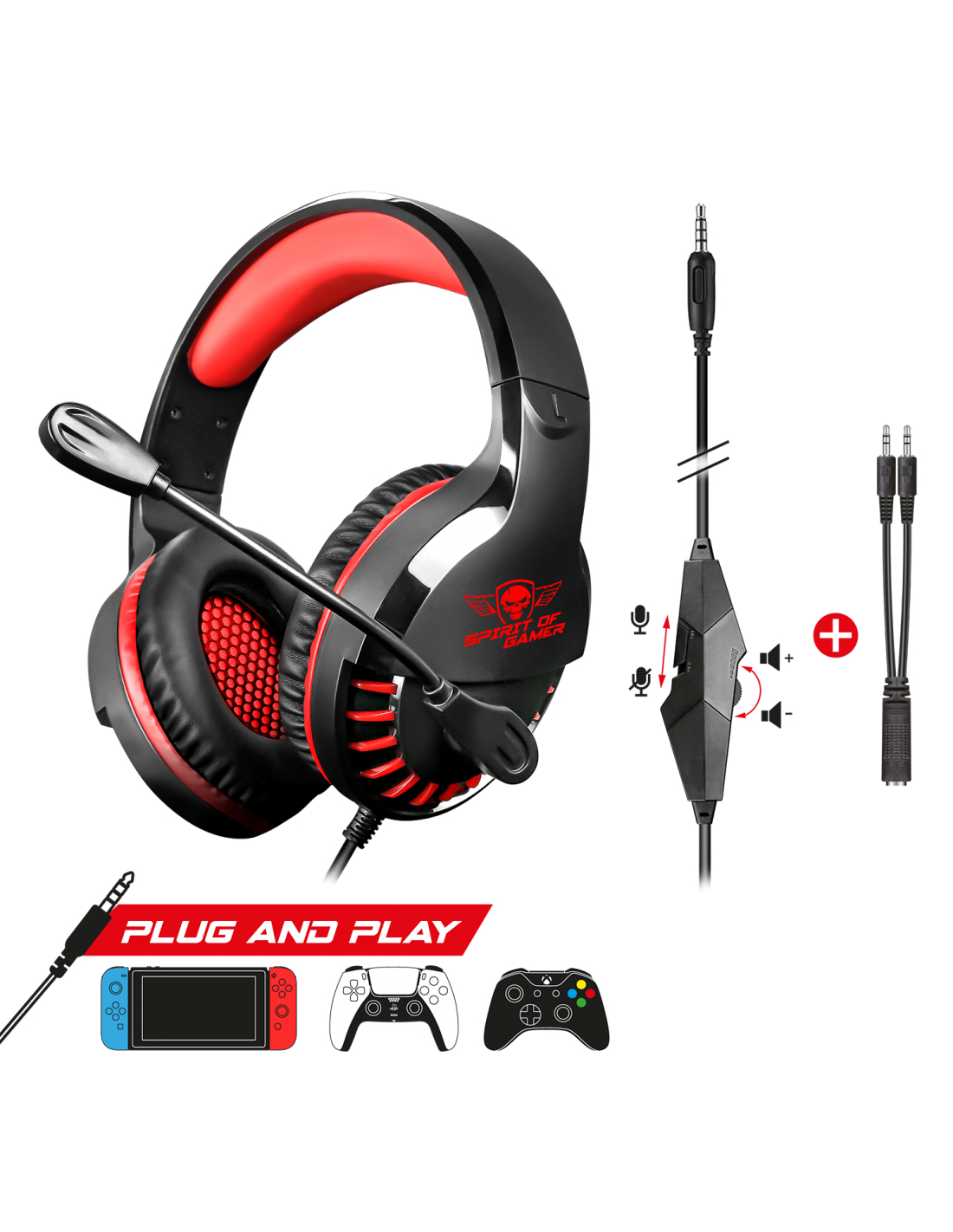 Schwarz-rotes Gaming-Headset mit Mikrofon, Steuerbox und Spielkonsolen-Symbolen.