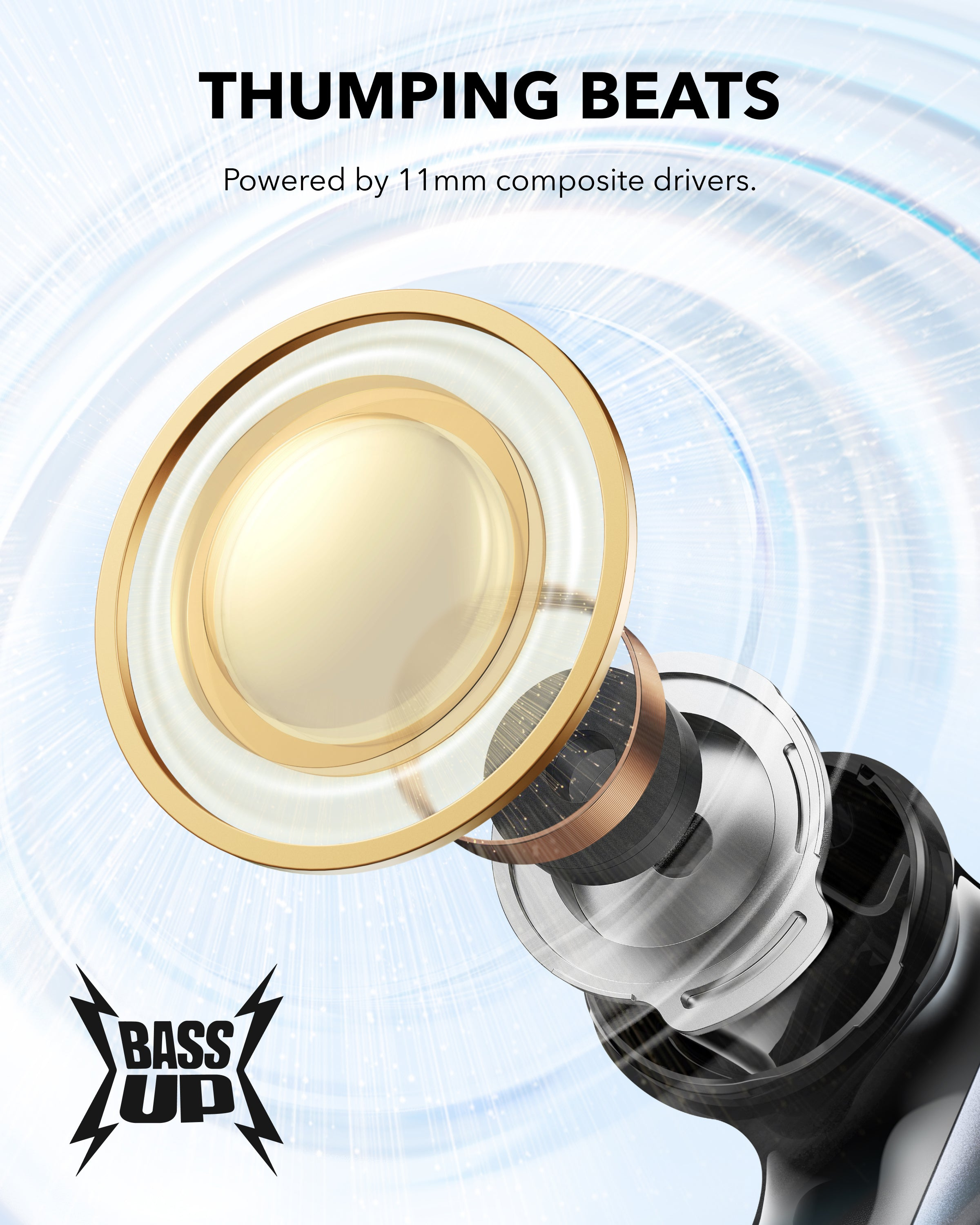 Słuchawka z złotymi detalami, pokazująca wewnętrzne komponenty. Widoczne logo Bass Up.