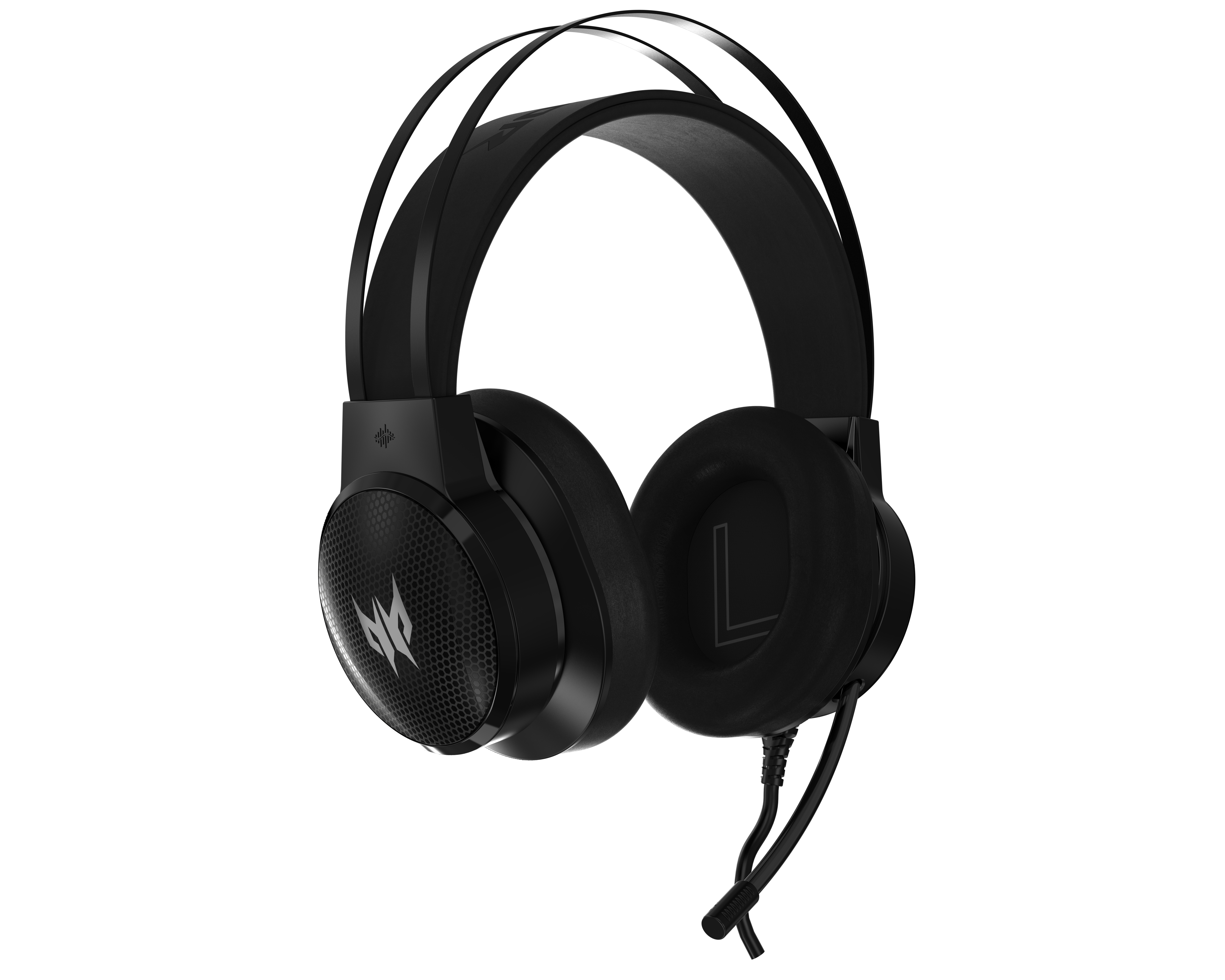 Auriculares gaming negros con micrófono, con la letra 'L' en la orejera.