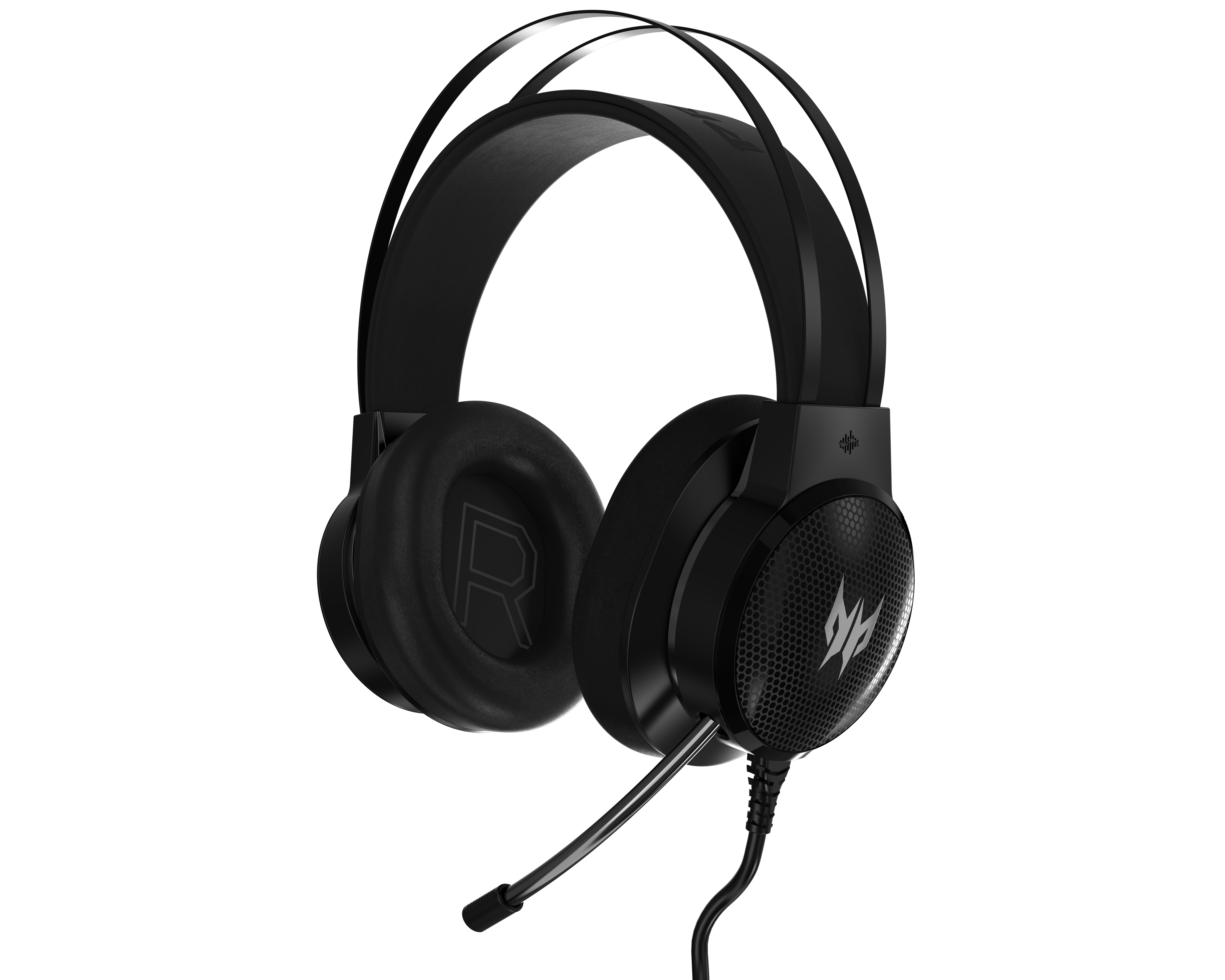 Auriculares gaming negros con micrófono, fondo negro, aislado.