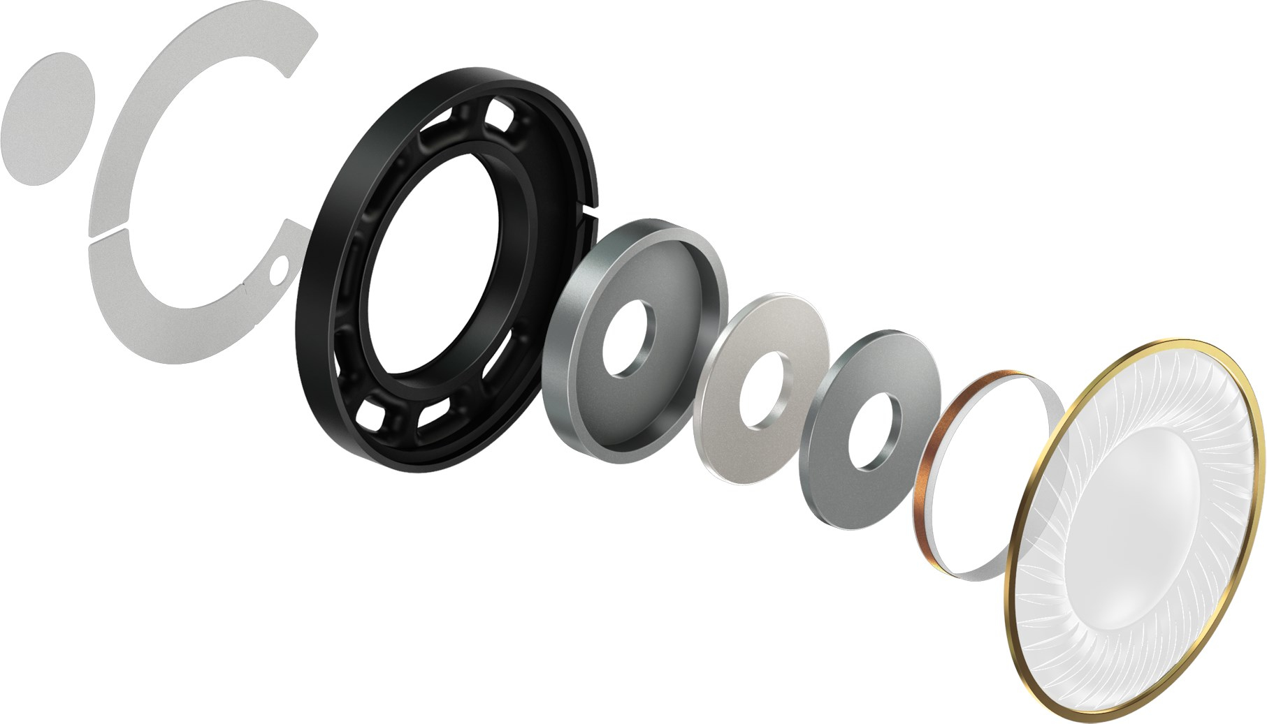 Widok rozłożony komponentów słuchawek. Wiele elementów okrągłych, szarych i czarnych.