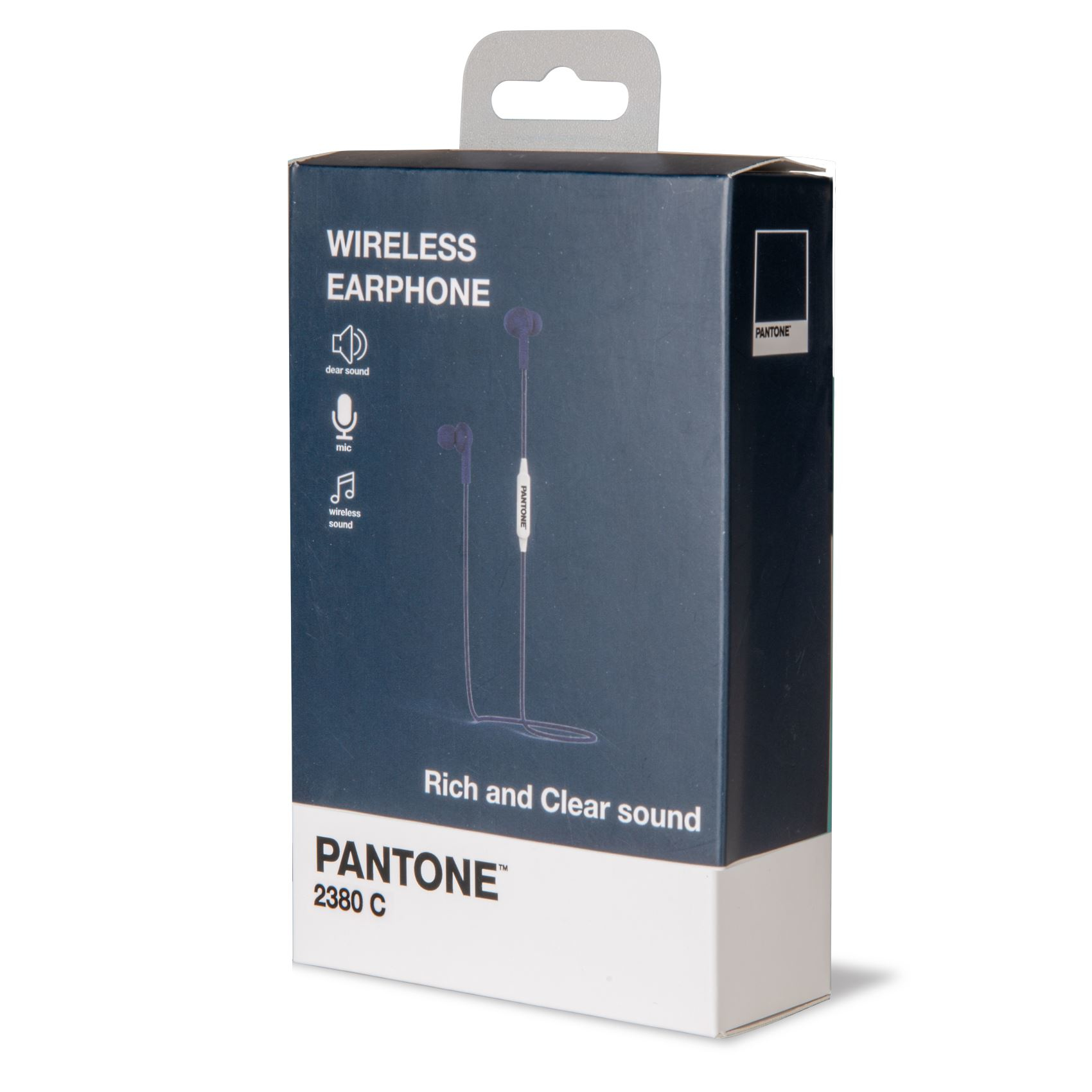 Draadloze oortjesdoos, donkerblauw met witte en Pantone-tekst, toont een productafbeelding.