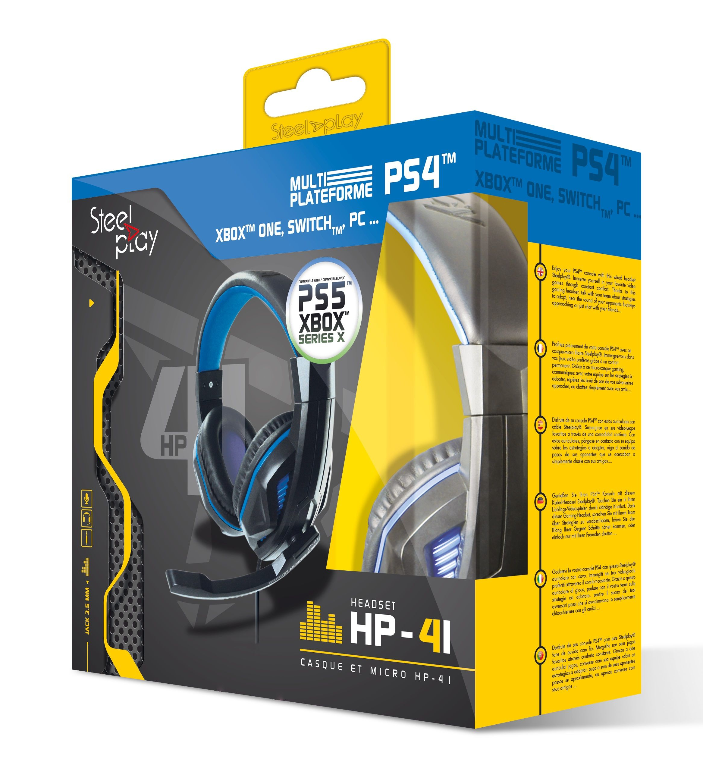 Scatola per cuffie per PS4, PS5, Xbox One, Switch e PC. Le cuffie sono nere e blu.