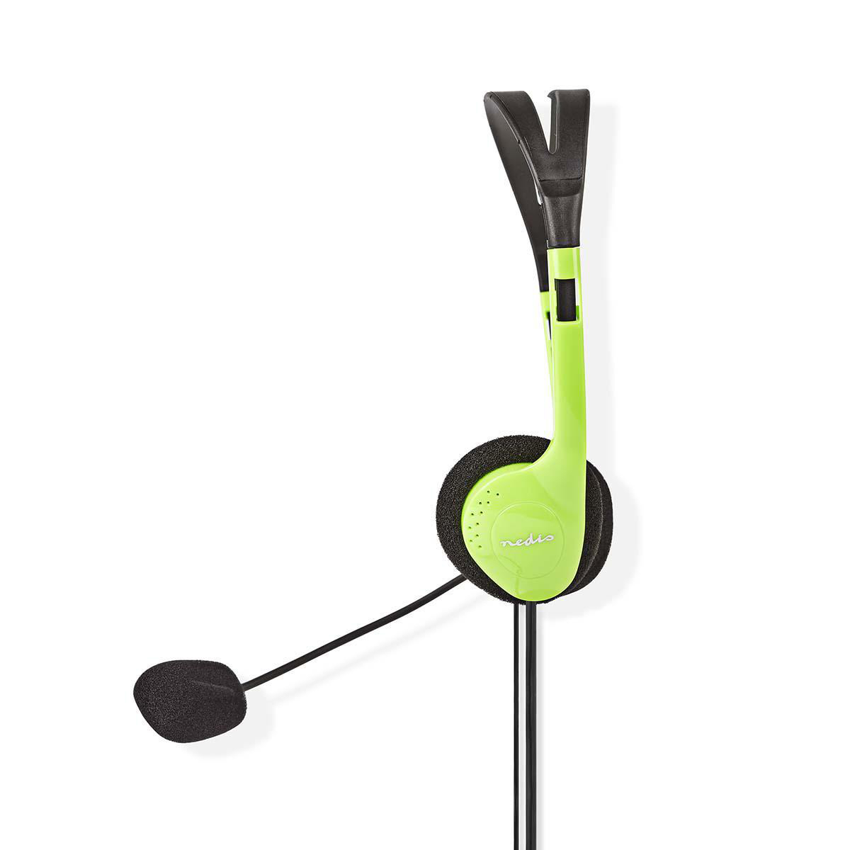 Groene en zwarte headset met een microfoon. Op een witte achtergrond.