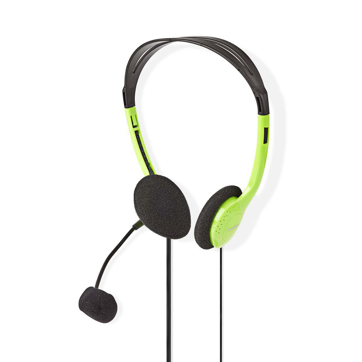 Groene en zwarte headset met een microfoon en een zwarte schuimrubberen microfoonhoes, op een witte achtergrond.