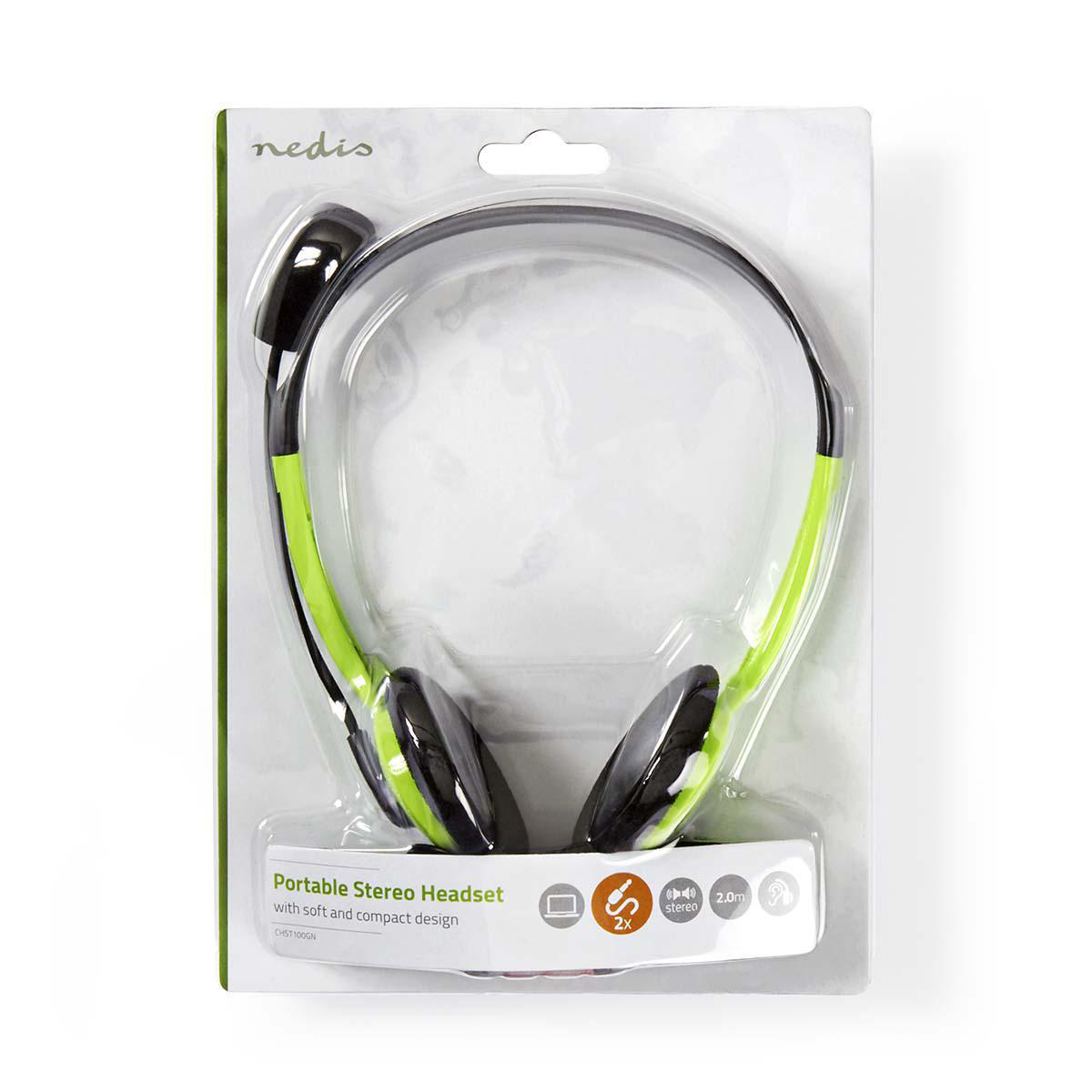 Groene en zwarte headset in een doorzichtige verpakking. De verpakking bevat tekst en logo's.