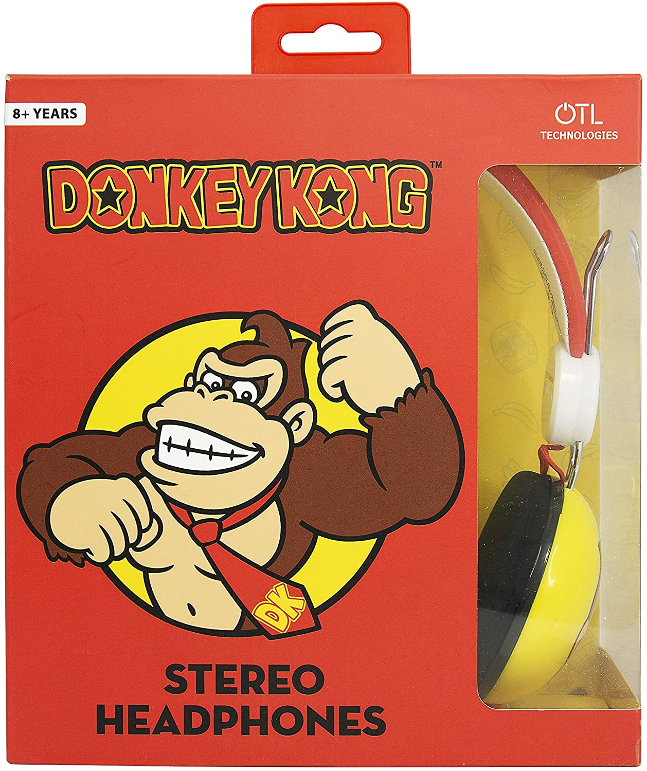 Pudełko słuchawek stereo Donkey Kong. W pudełku widoczne są czerwone i żółte słuchawki.
