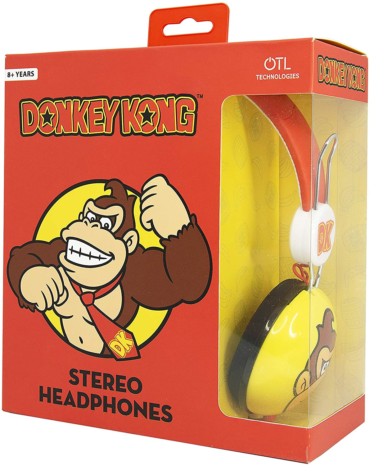 Słuchawki Donkey Kong w czerwonym pudełku, z wizerunkiem Donkey Konga na pudełku.